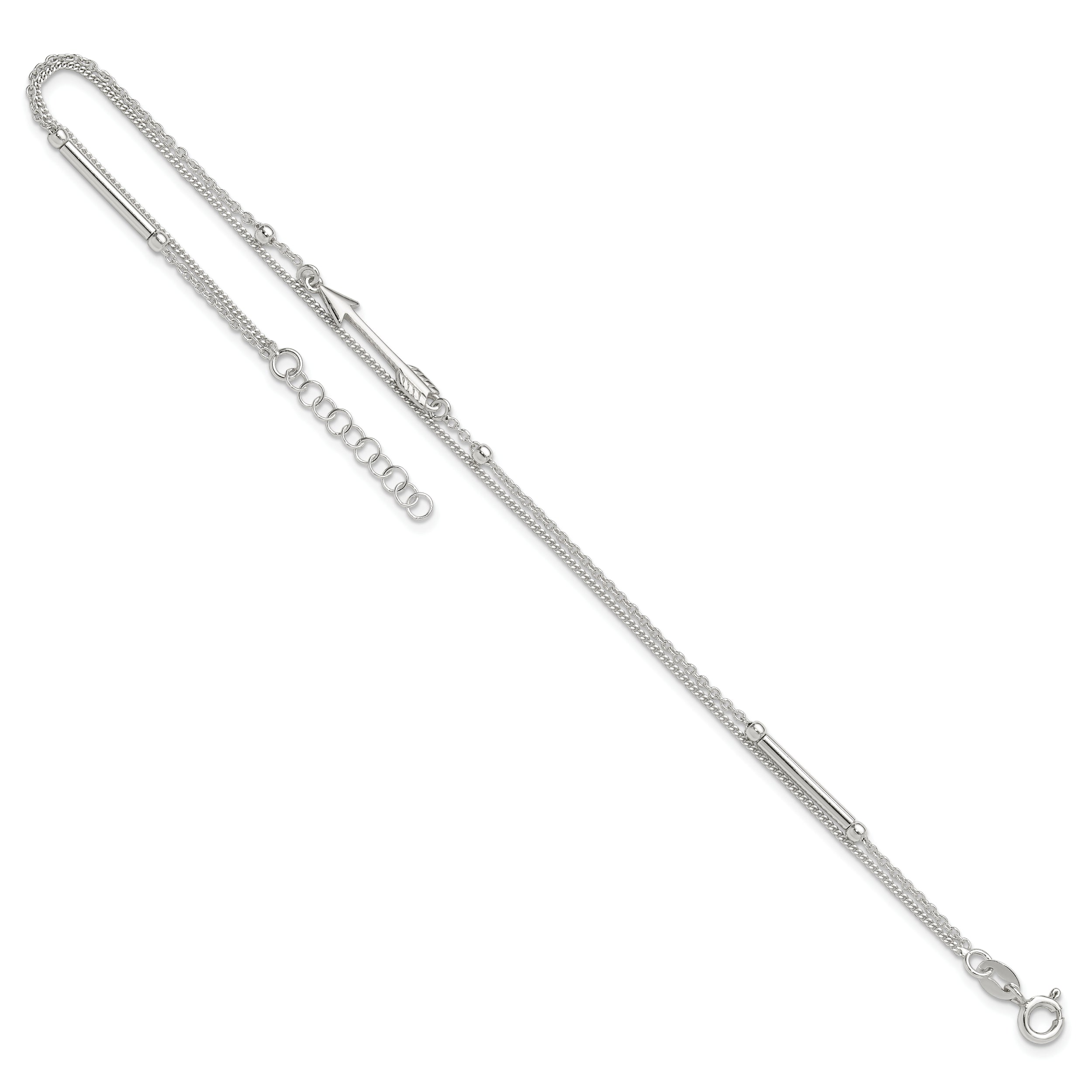 Sterling Silver 9in Plus 1in Ext. 2-strand Arrow and Bar Anklet