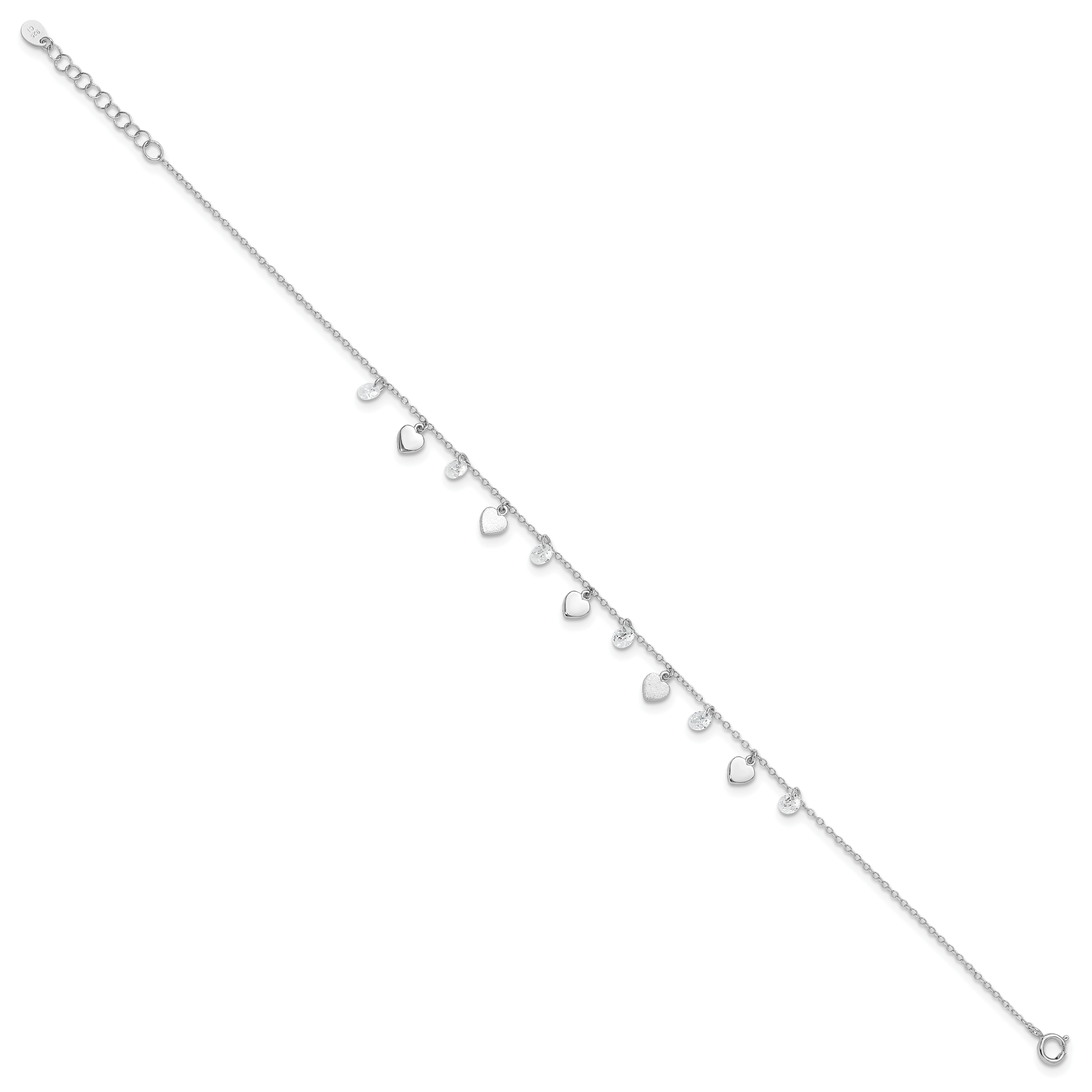 Sterling Silver RH-plated Polish and Brushed Heart CZ 8.75in Plus 1inExt An Secondary image