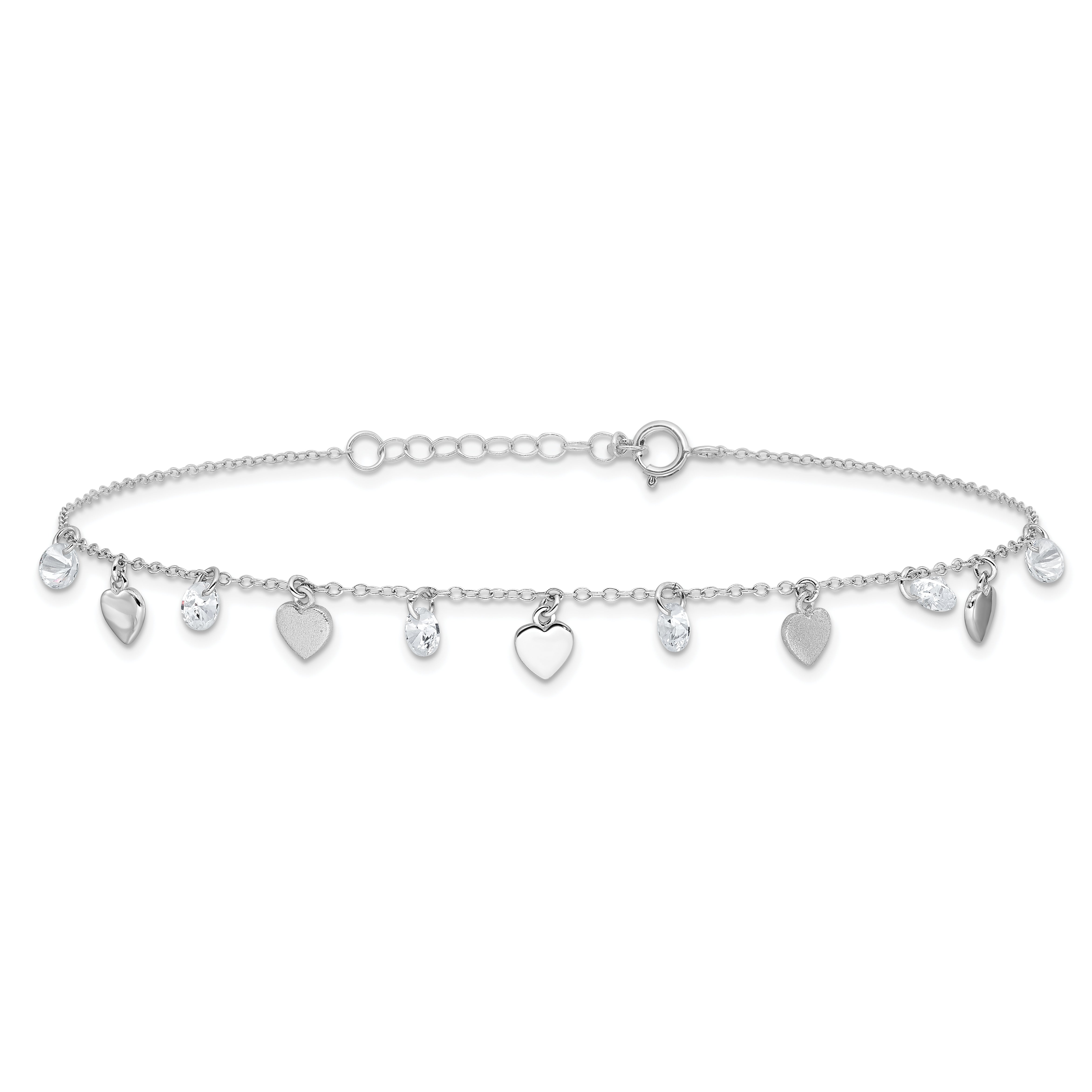 Sterling Silver RH-plated Polish and Brushed Heart CZ 8.75in Plus 1inExt An