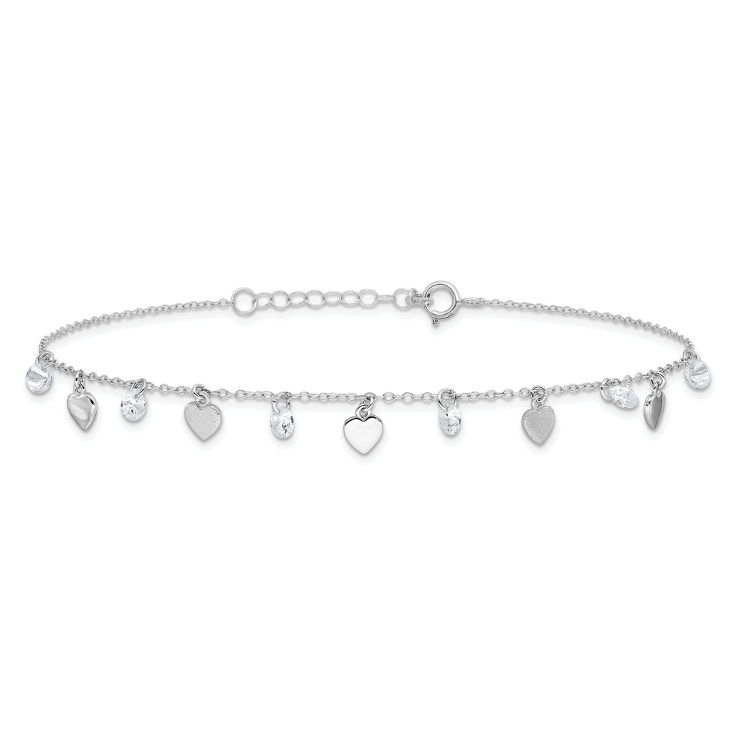 Sterling Silver RH-plated Polish and Brushed Heart CZ 8.75in Plus 1inExt An