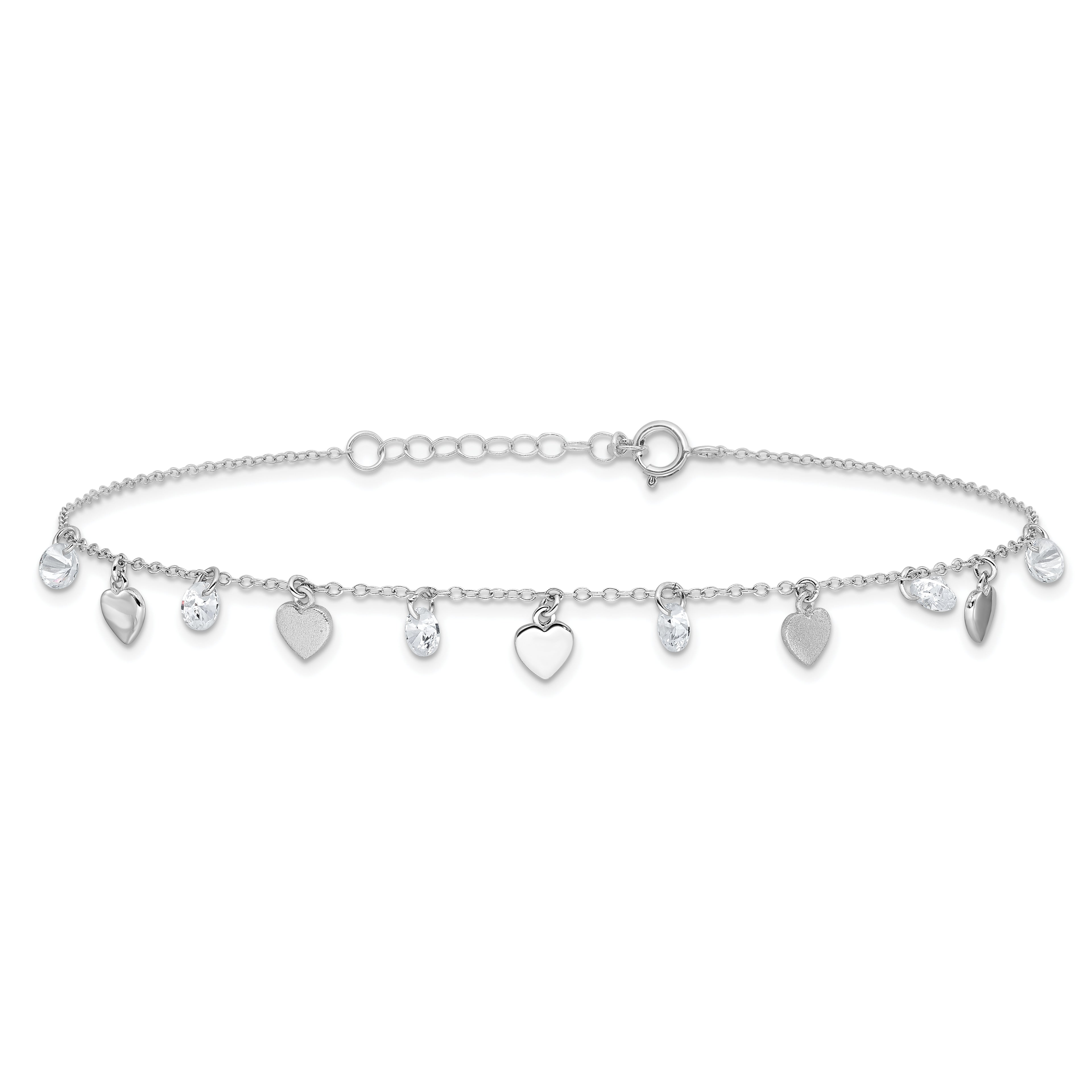 Sterling Silver RH-plated Polish and Brushed Heart CZ 8.75in Plus 1inExt An