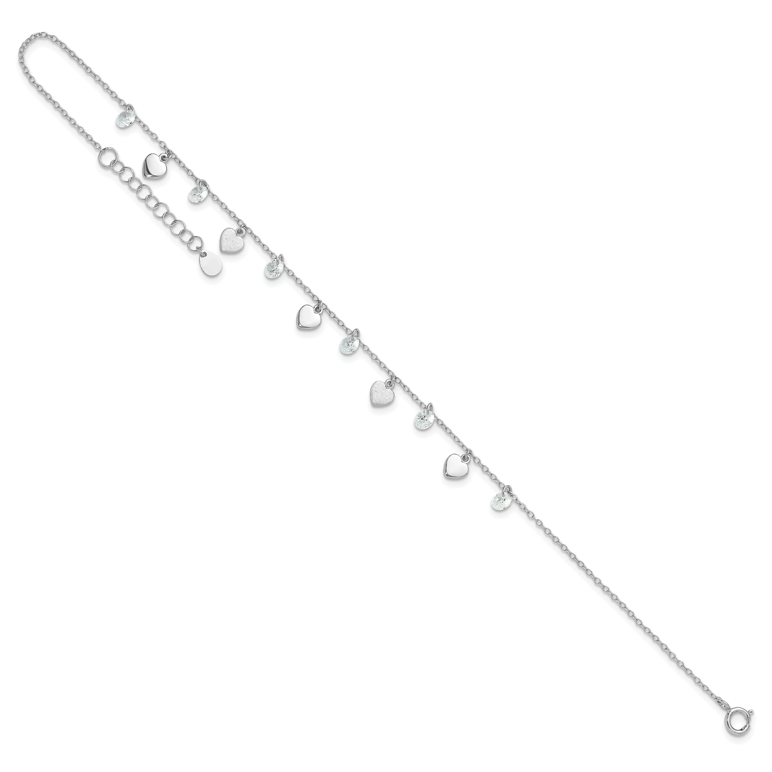 Sterling Silver RH-plated Polish and Brushed Heart CZ 8.75in Plus 1inExt An