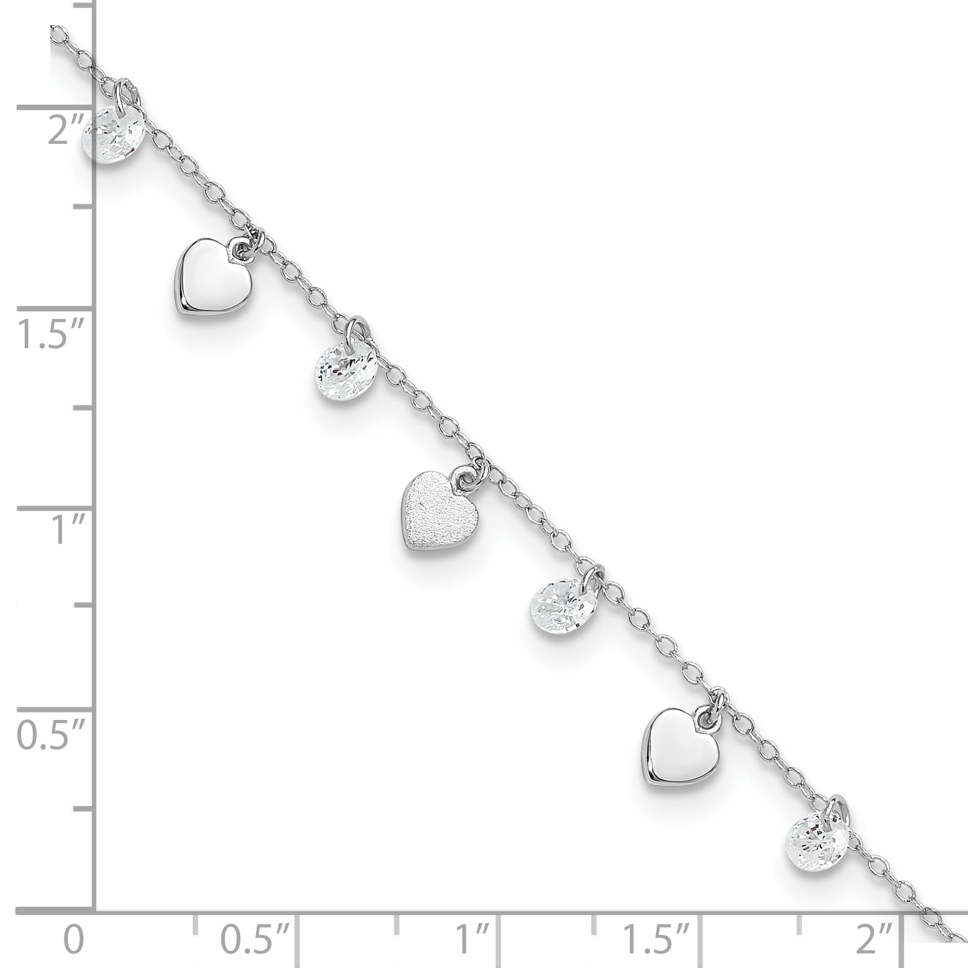Sterling Silver RH-plated Polish and Brushed Heart CZ 8.75in Plus 1inExt An
