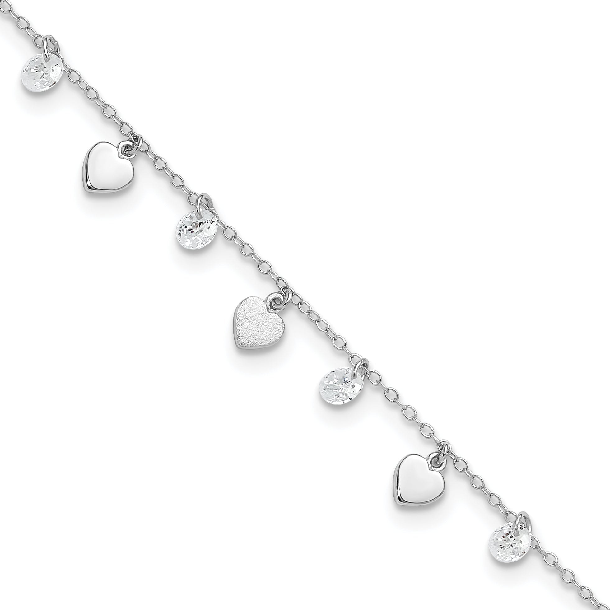 Sterling Silver RH-plated Polish and Brushed Heart CZ 8.75in Plus 1inExt An Main image