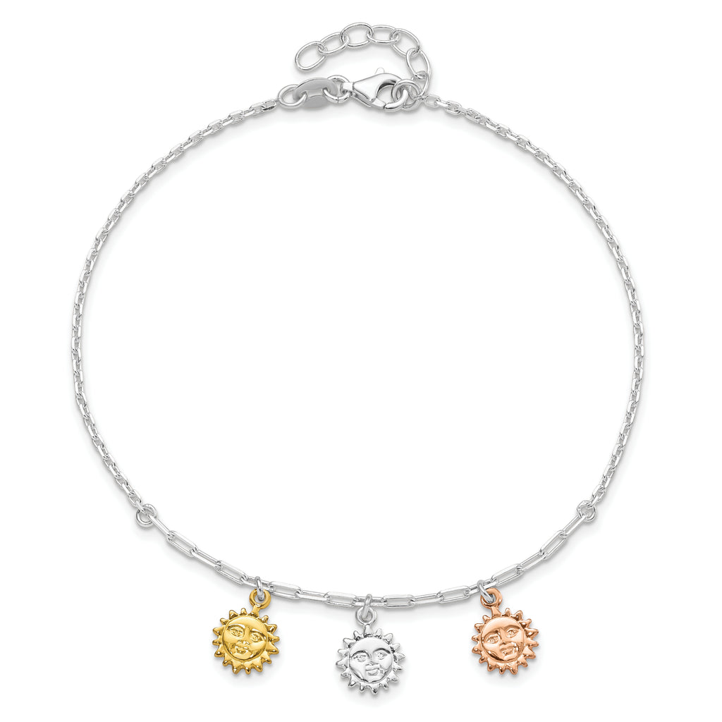 Sterling Silver Rose-tone and Gold-tone Suns 9in Plus 1in Ext. Anklet