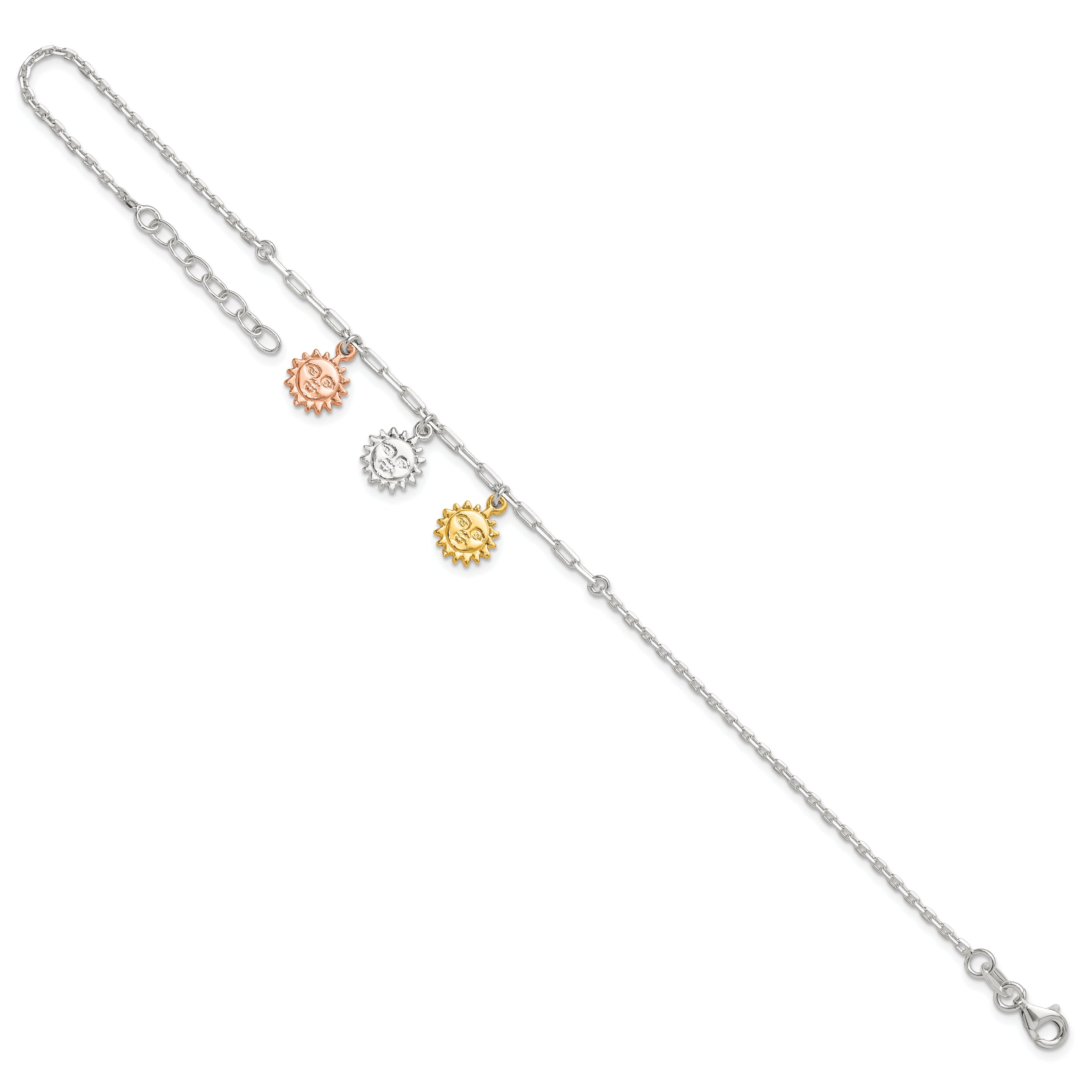 Sterling Silver Rose-tone and Gold-tone Suns 9in Plus 1in Ext. Anklet
