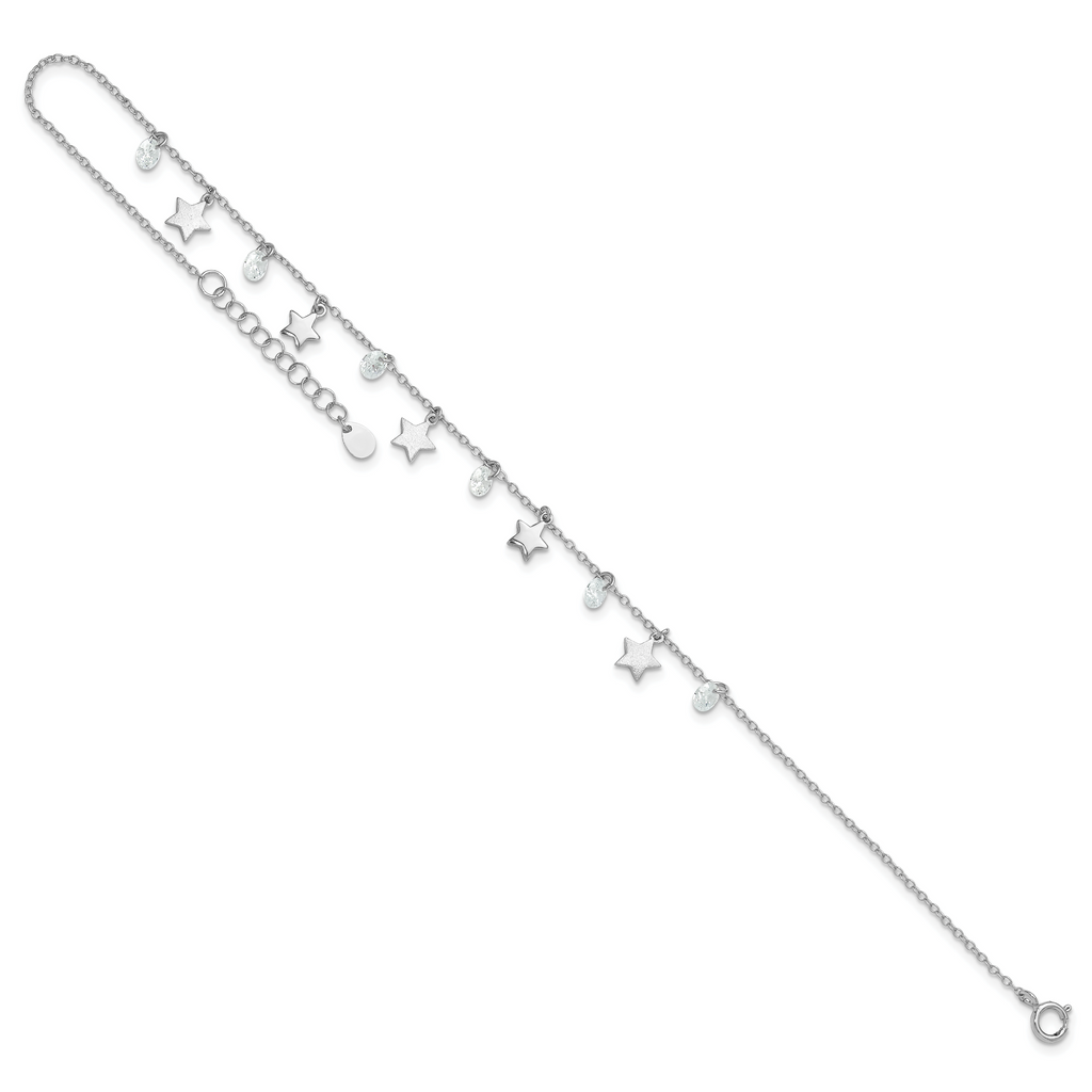 Sterling Silver RH-plated Polished and Brushed Star CZ 9in Plus 1in Ext. An