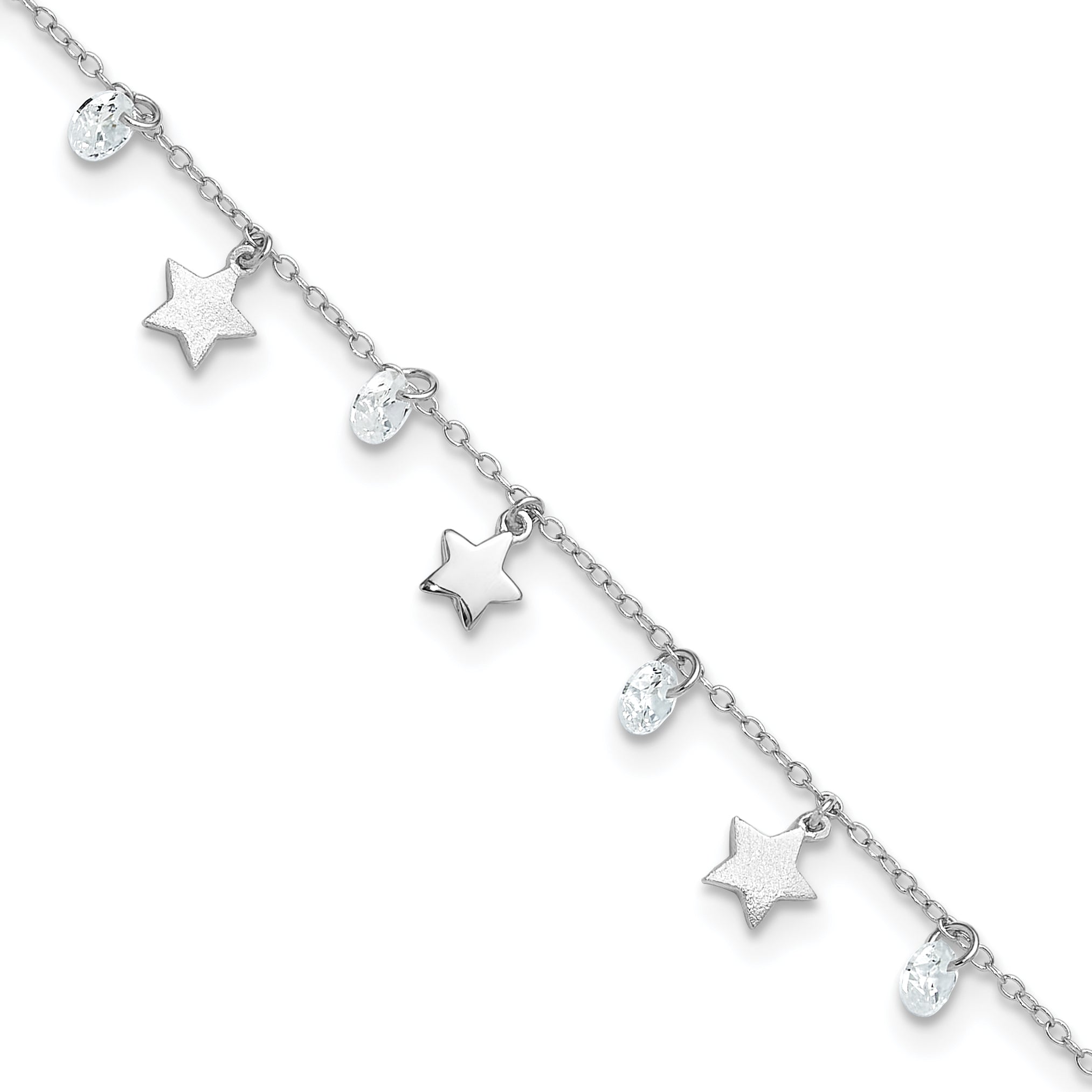 Sterling Silver RH-plated Polished and Brushed Star CZ 9in Plus 1in Ext. An Main image