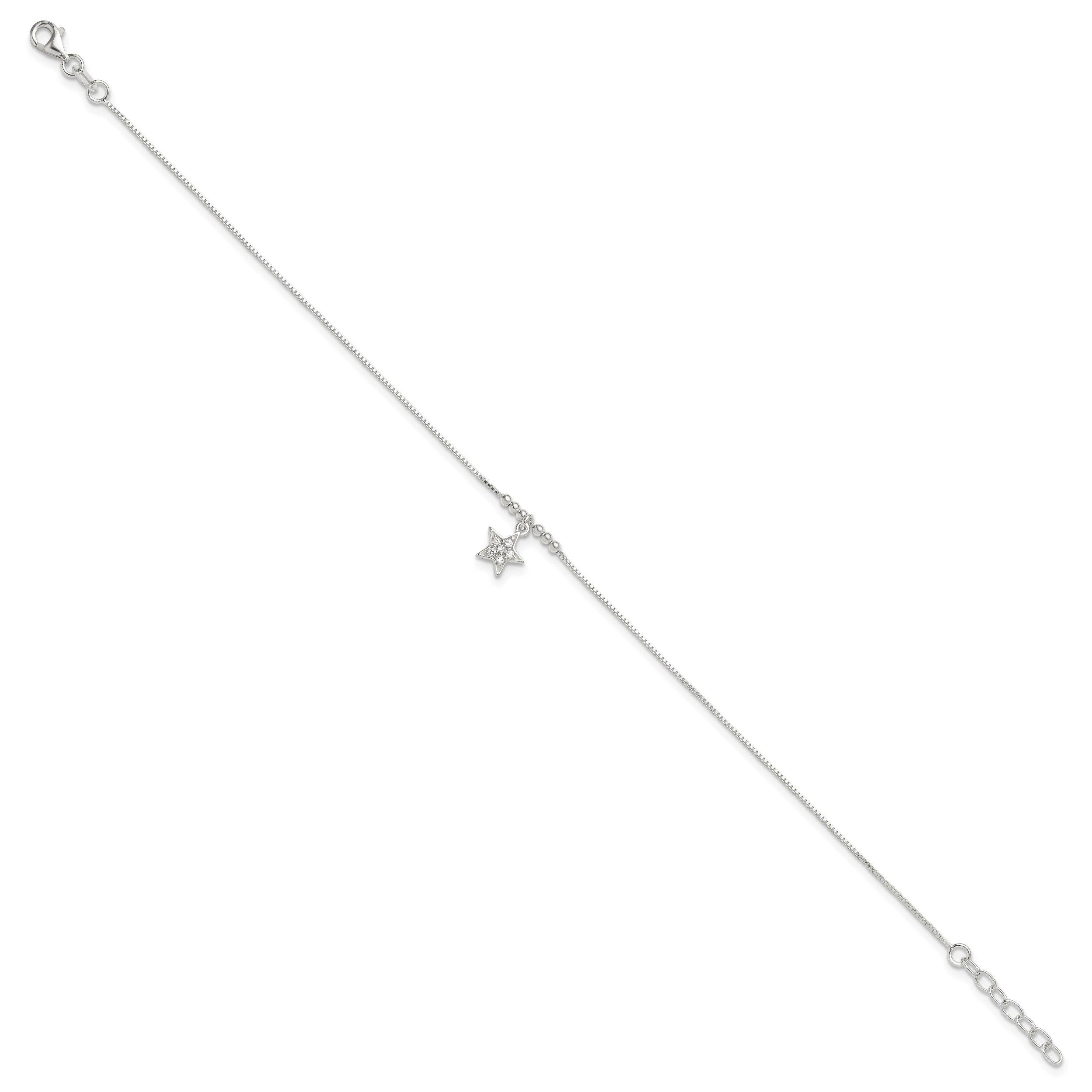 Sterling Silver CZ Star and Beads 9in Plus 1in Ext. Anklet Secondary image