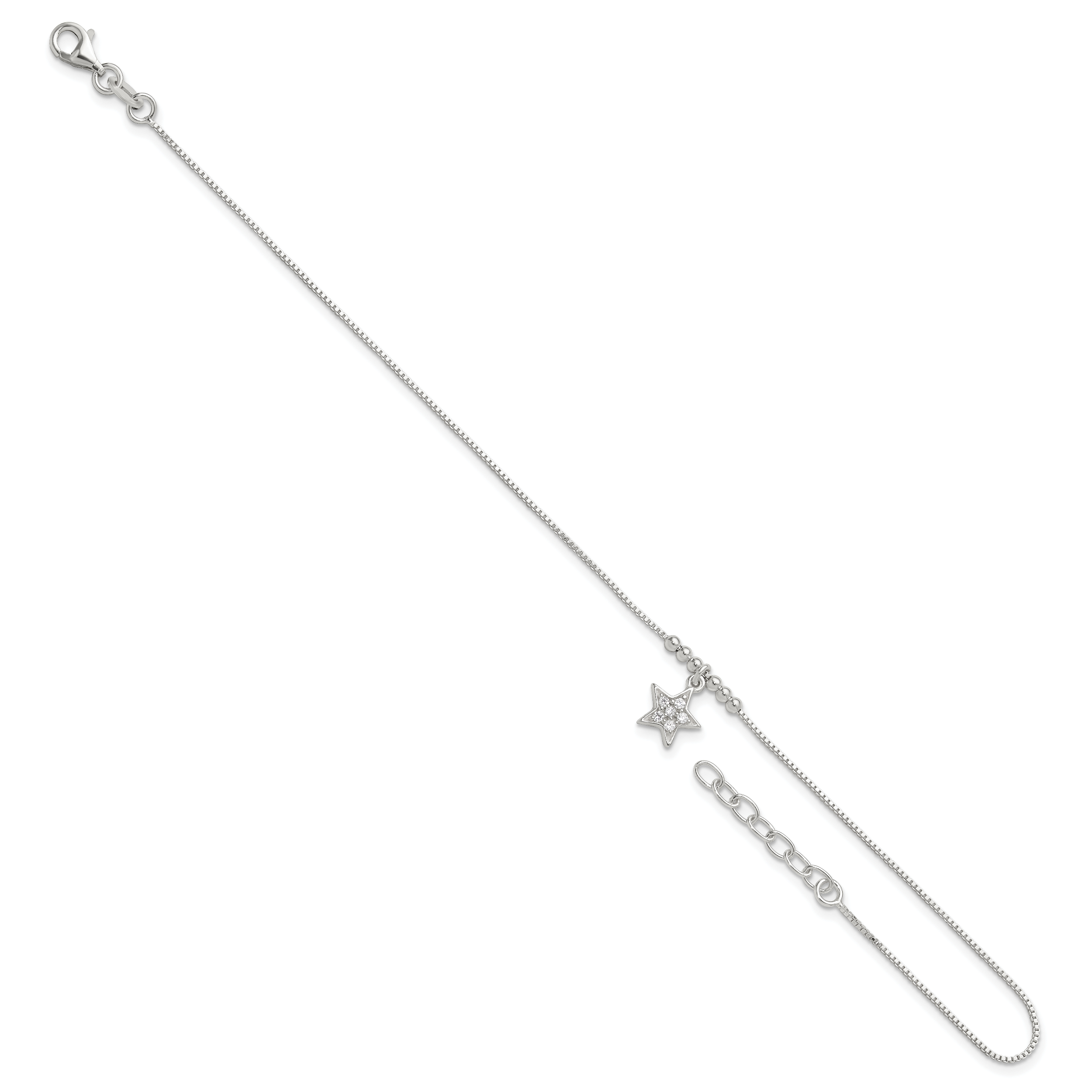 Sterling Silver CZ Star and Beads 9in Plus 1in Ext. Anklet