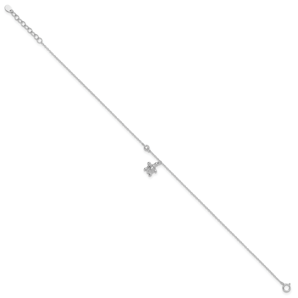 Sterling Silver Rhodium-plated Polished CZ Turtle 9 inch with an 1 inch extention Anklet