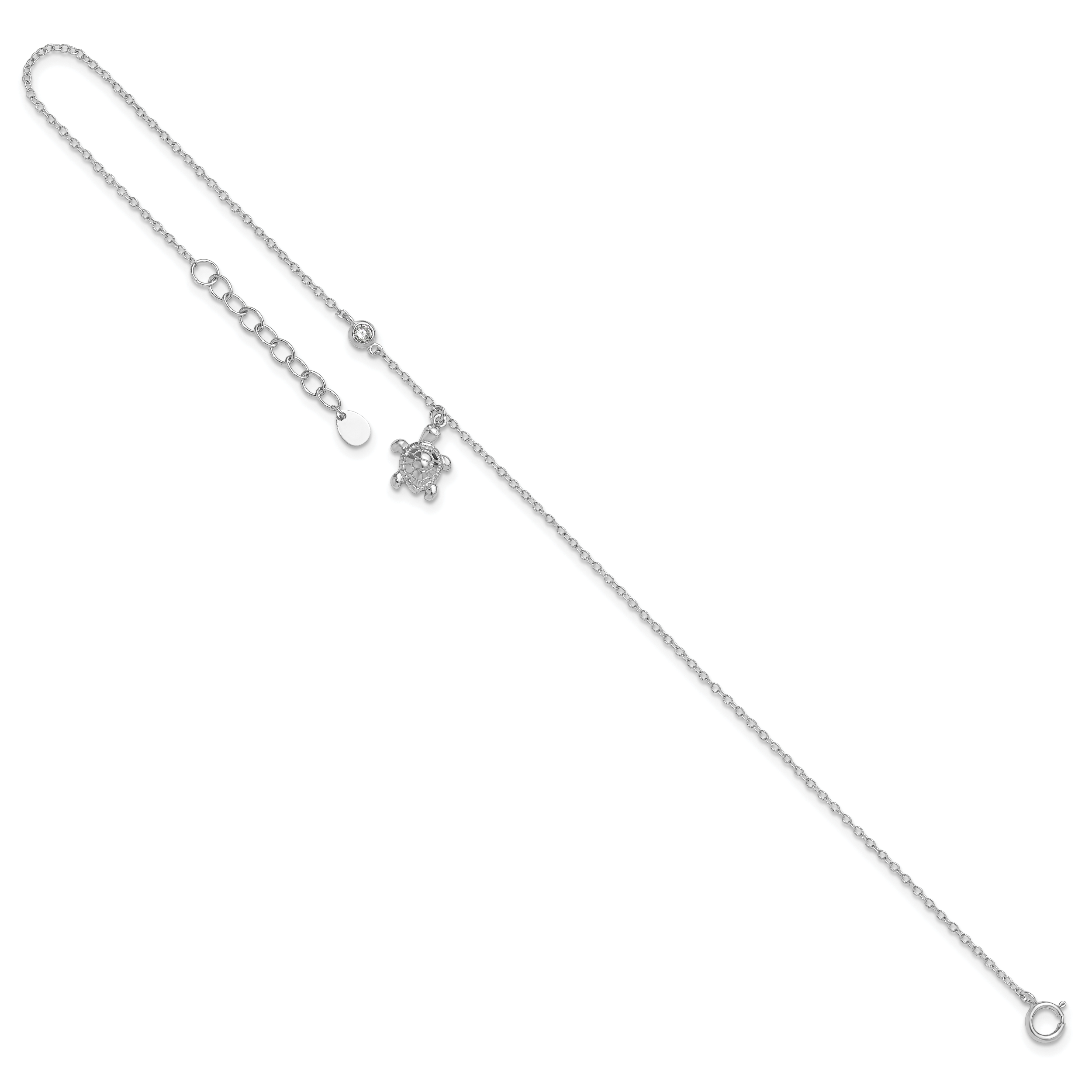 Sterling Silver Rhodium-plated Polished CZ Turtle 9 inch with an 1 inch extention Anklet