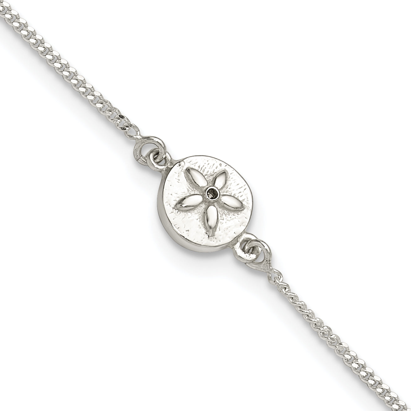 Sterling Silver with CZ Sand Dollar 9in Plus 1 in Ext. Anklet