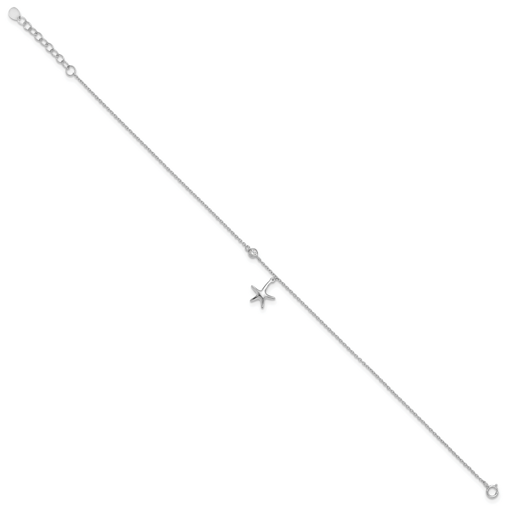 Sterling Silver Rhod-plated Polished CZ Starfish 9in Plus 1 in Ext  Anklet