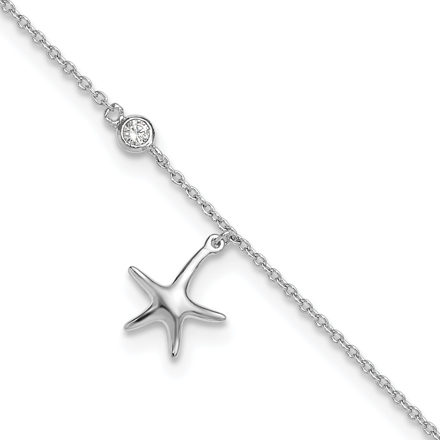 Sterling Silver Rhod-plated Polished CZ Starfish 9in Plus 1 in Ext  Anklet Main image