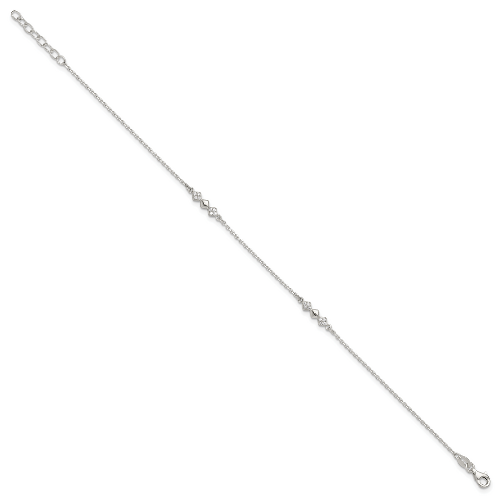 Sterling Silver CZ 3-Diamond Shapes 9in Plus 1 in Ext. Anklet