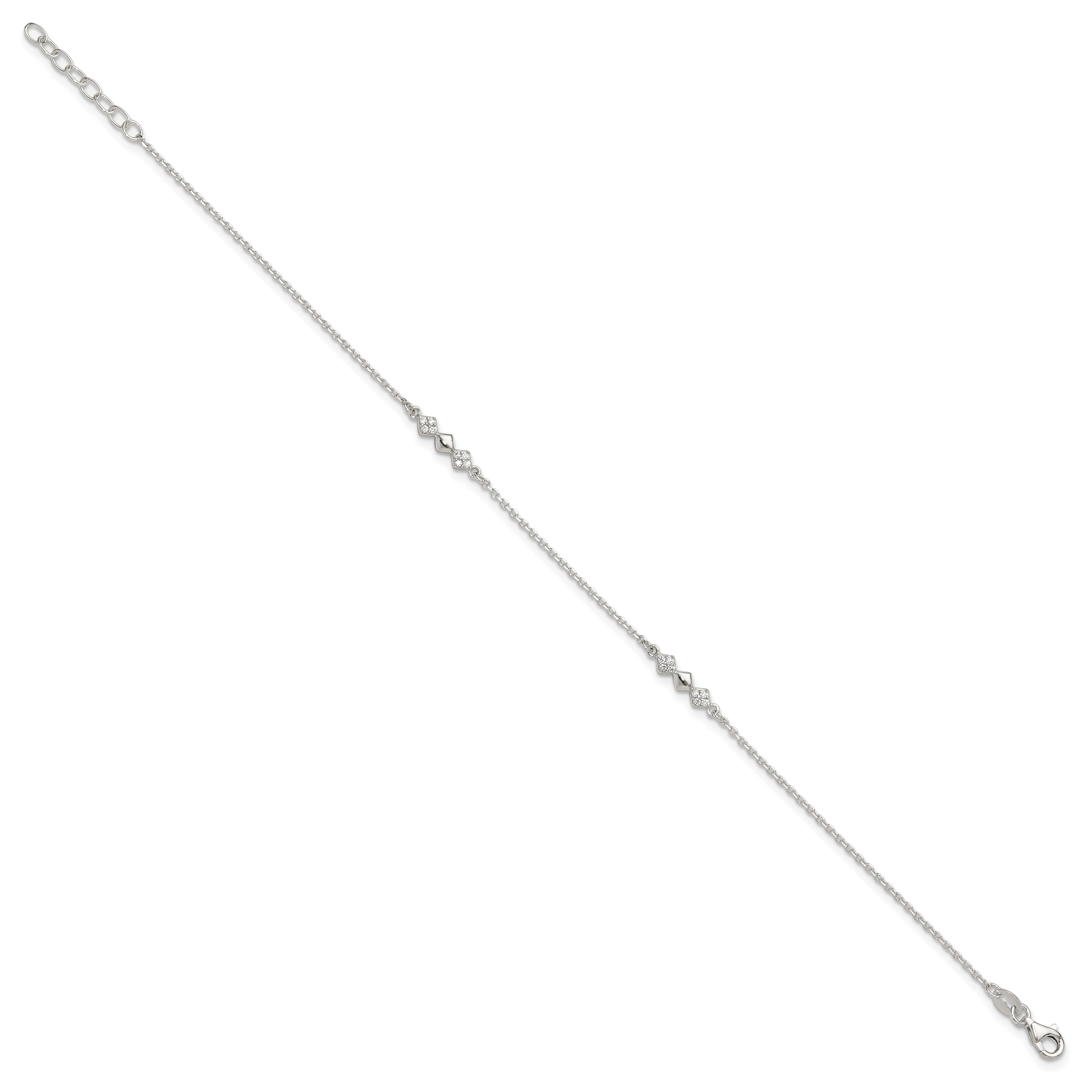 Sterling Silver CZ 3-Diamond Shapes 9in Plus 1 in Ext. Anklet