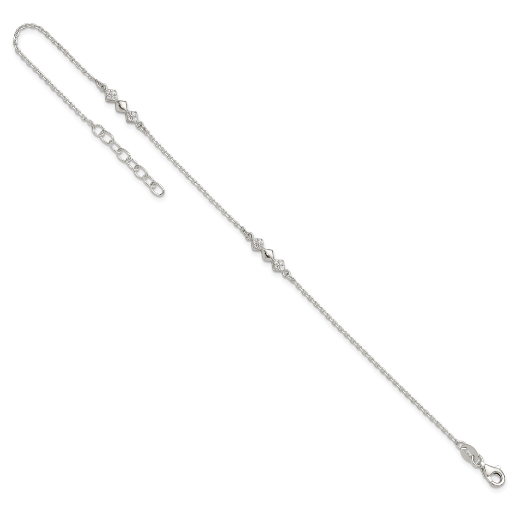 Sterling Silver CZ 3-Diamond Shapes 9in Plus 1 in Ext. Anklet