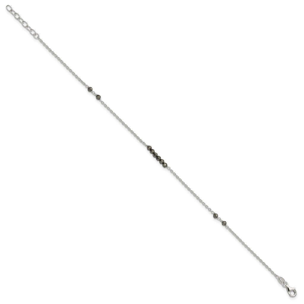 Sterling Silver Black CZ Beads 9in Plus 1 in Ext. Anklet