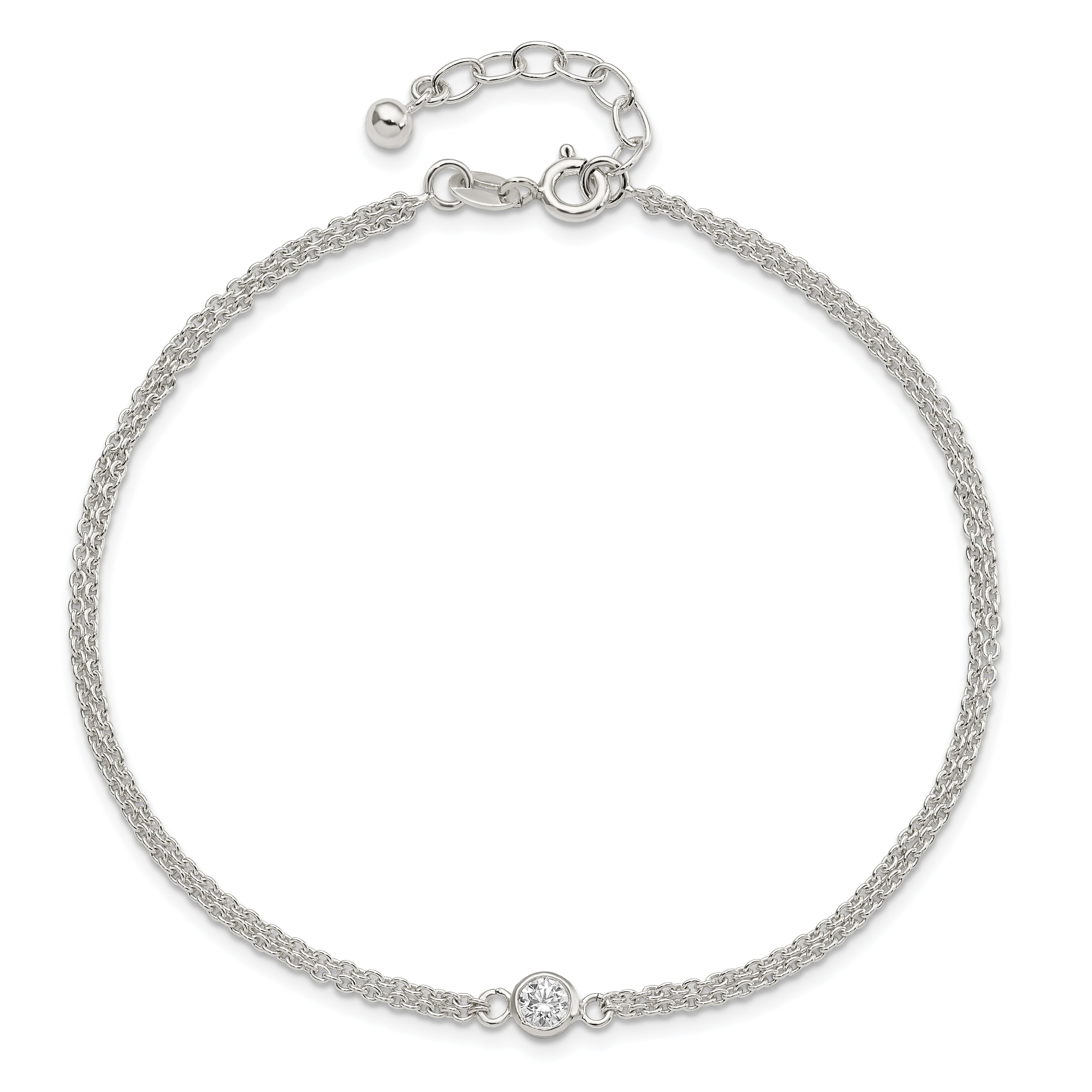 Sterling Silver Bezel CZ 2-Strand 9in Plus 1 in Ext. Anklet
