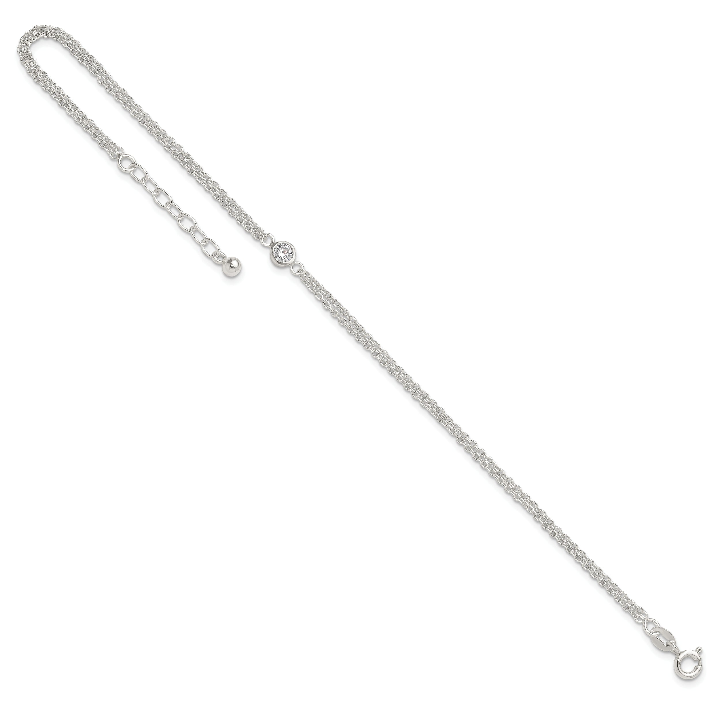 Sterling Silver Bezel CZ 2-Strand 9in Plus 1 in Ext. Anklet