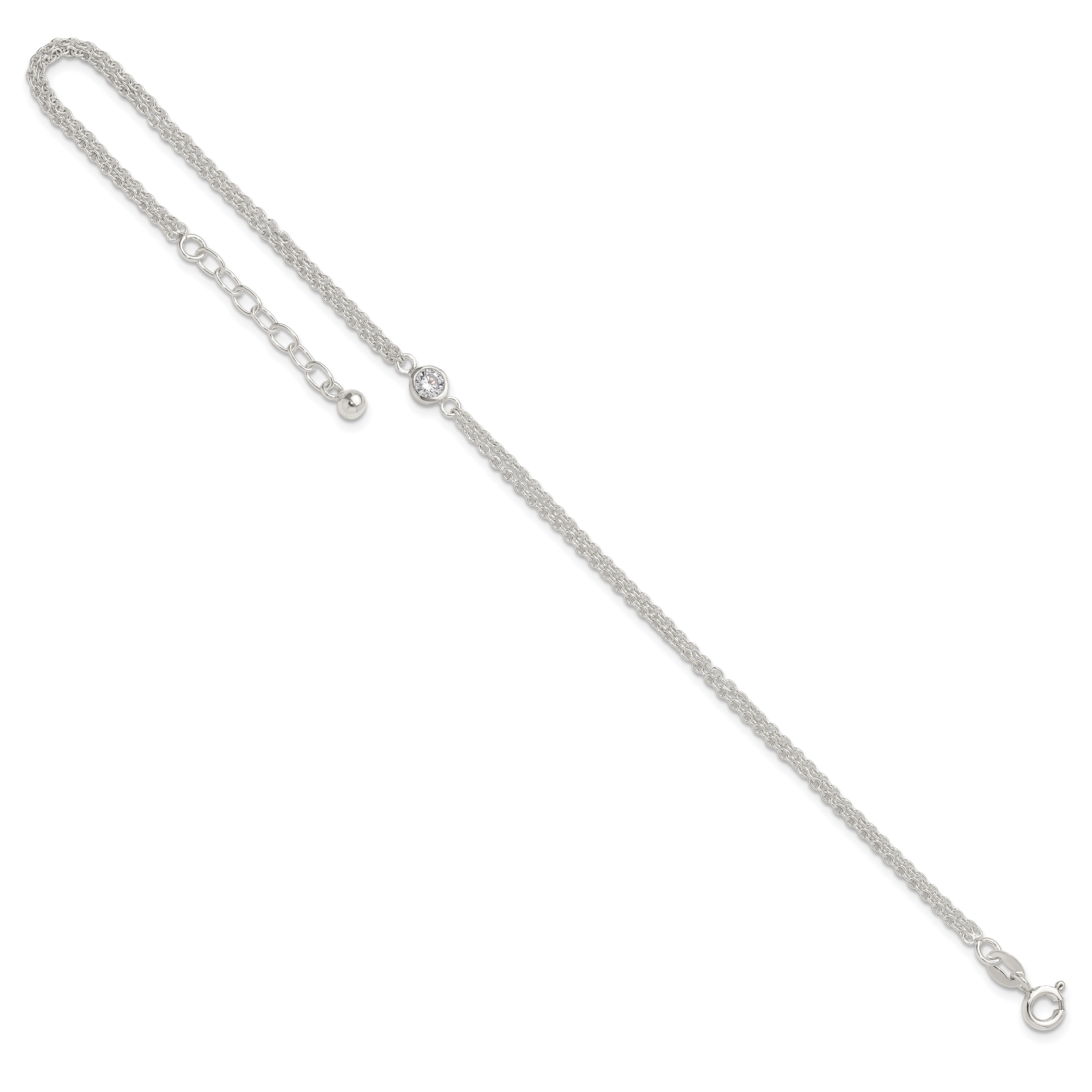 Sterling Silver Bezel CZ 2-Strand 9in Plus 1 in Ext. Anklet