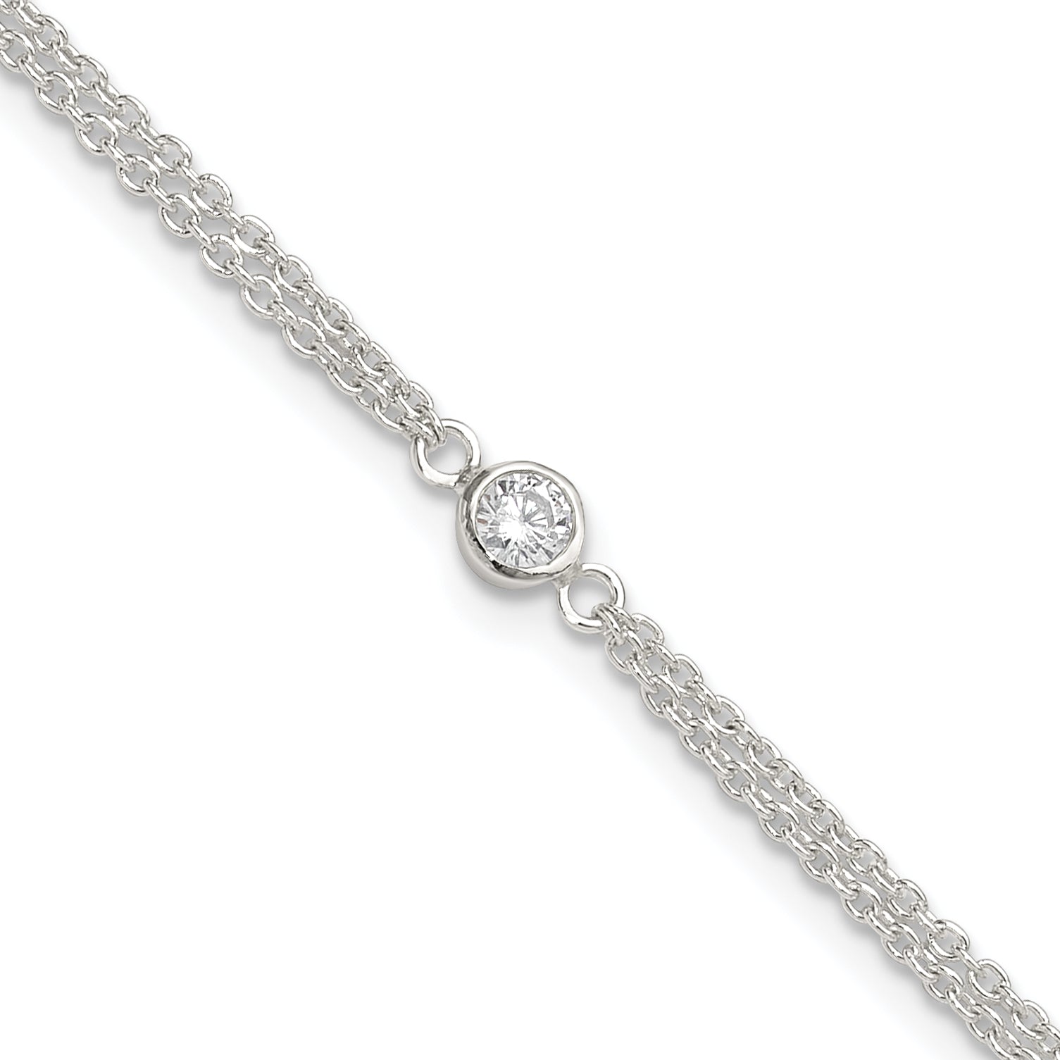 Sterling Silver Bezel CZ 2-Strand 9in Plus 1 in Ext. Anklet