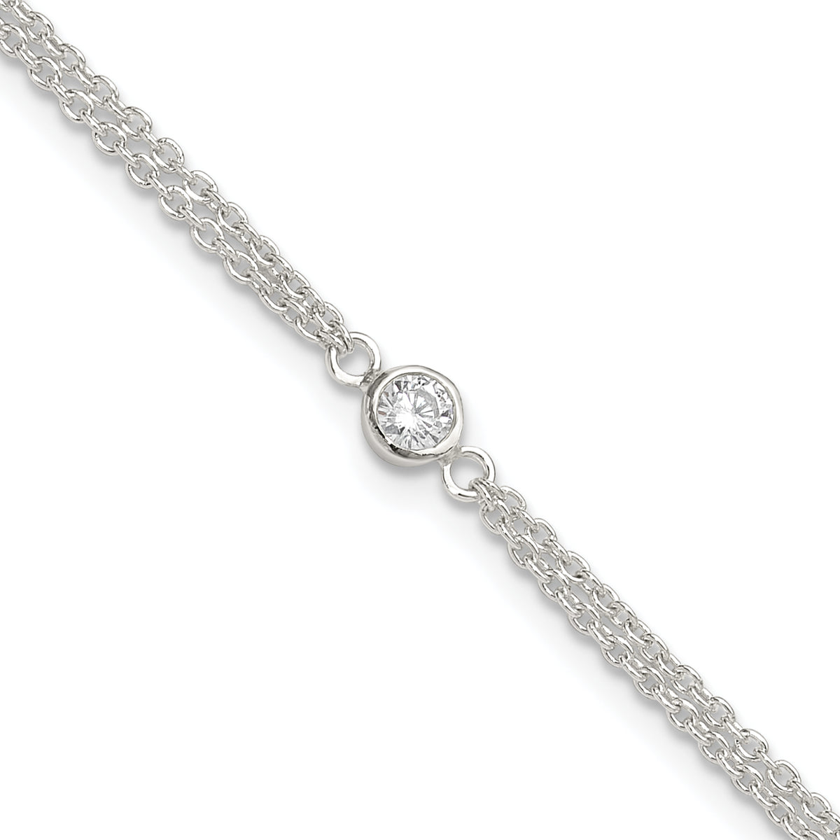 Sterling Silver Bezel CZ 2-Strand 9in Plus 1 in Ext. Anklet