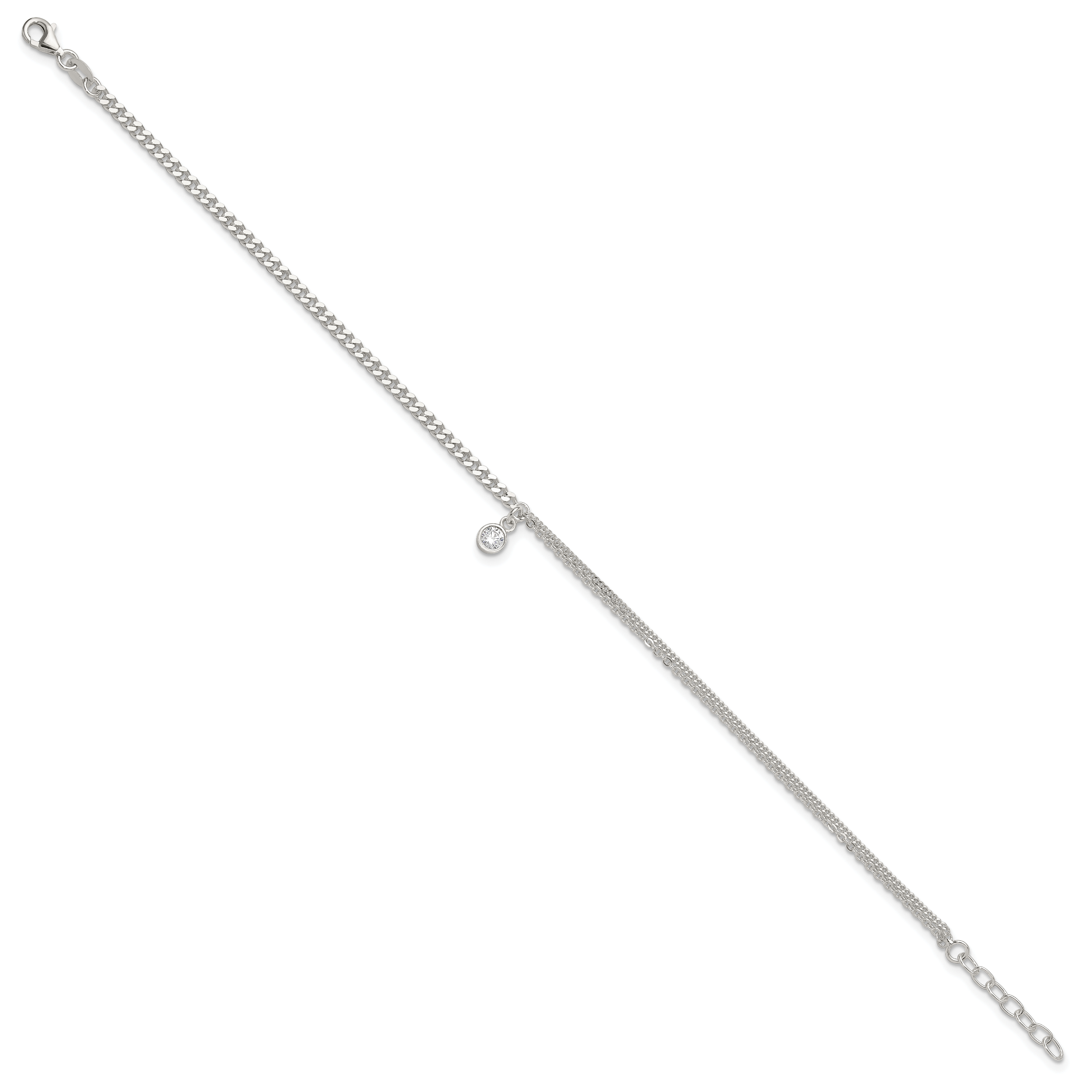 Sterling Silver CZ Fancy Chain 9in Plus 1in Ext. Anklet
