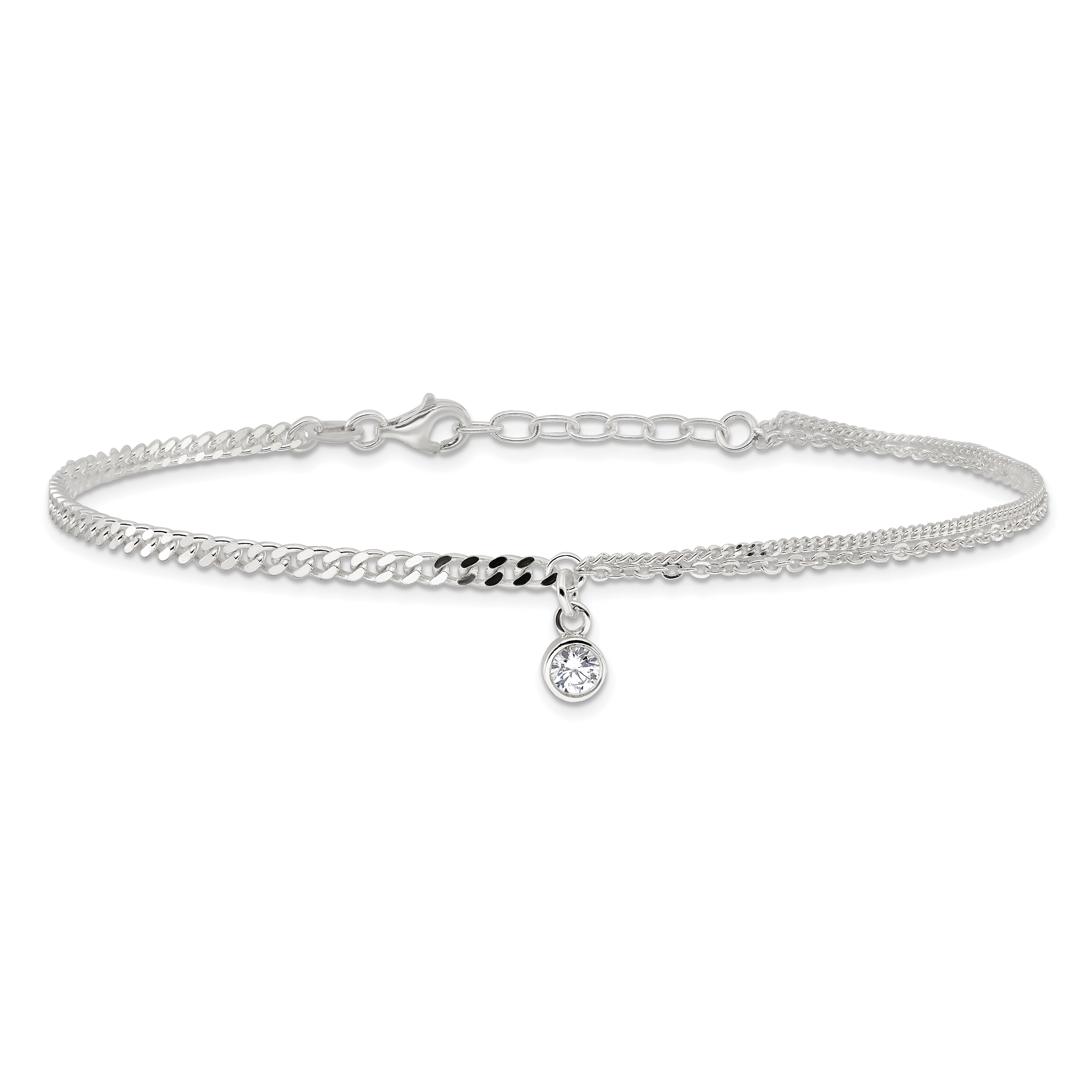 Sterling Silver CZ Fancy Chain 9in Plus 1in Ext. Anklet