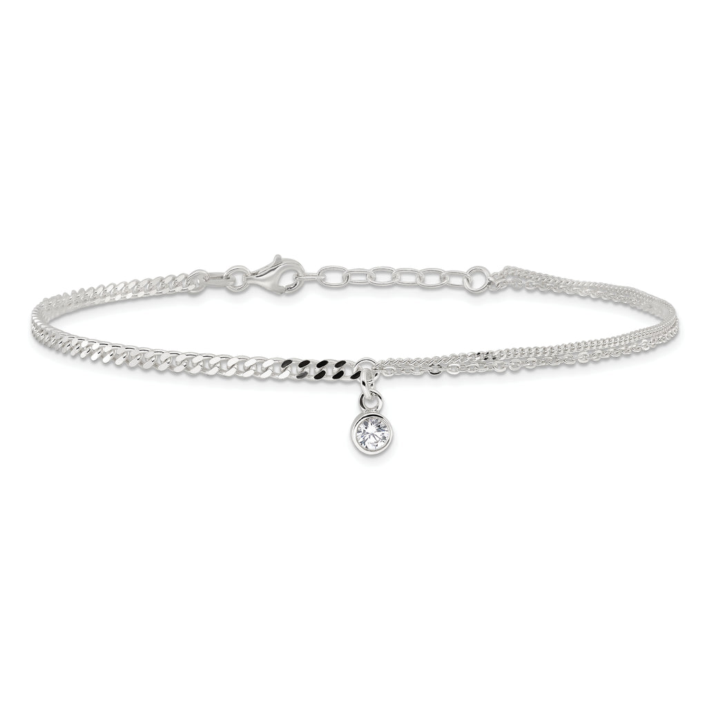 Sterling Silver CZ Fancy Chain 9in Plus 1in Ext. Anklet