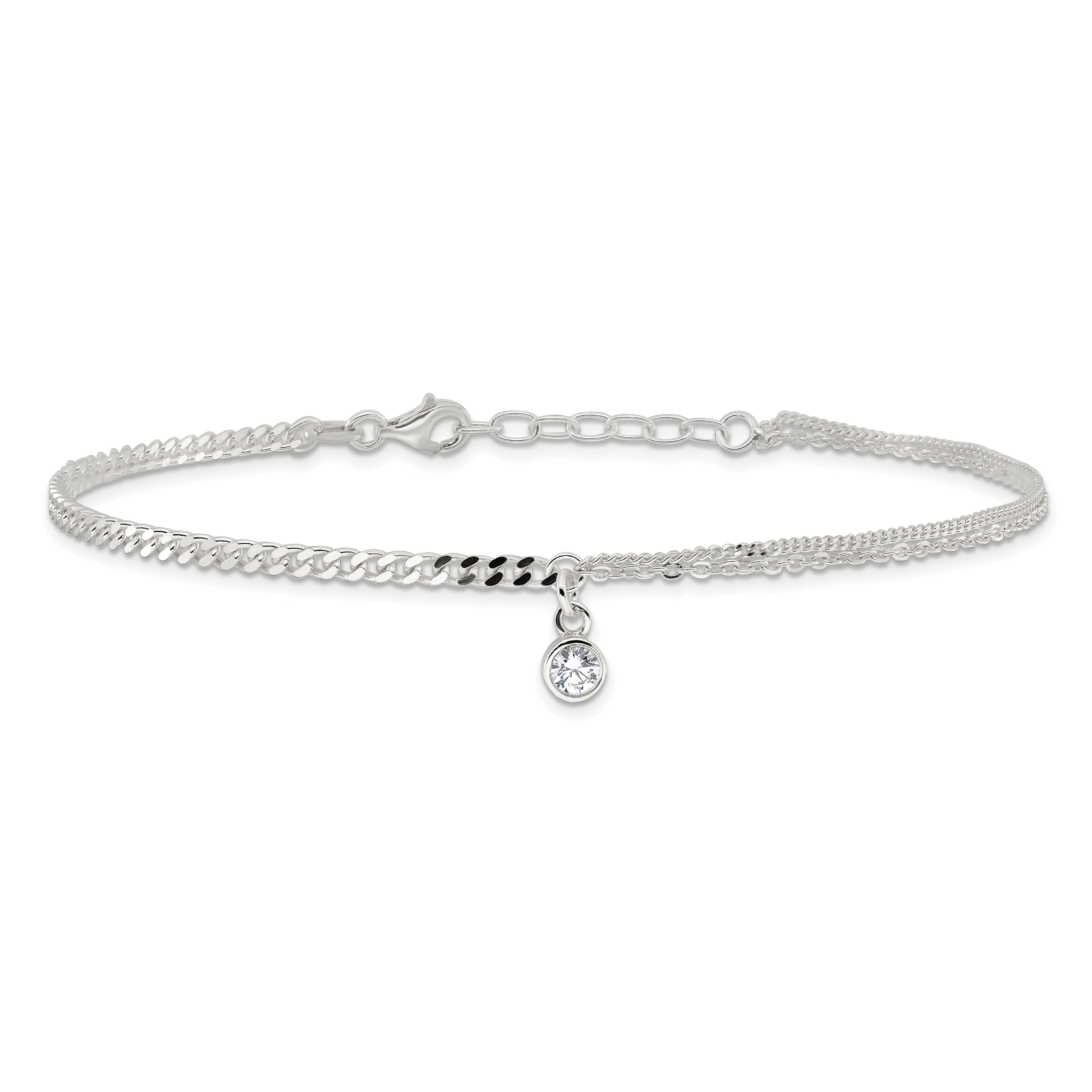 Sterling Silver CZ Fancy Chain 9in Plus 1in Ext. Anklet