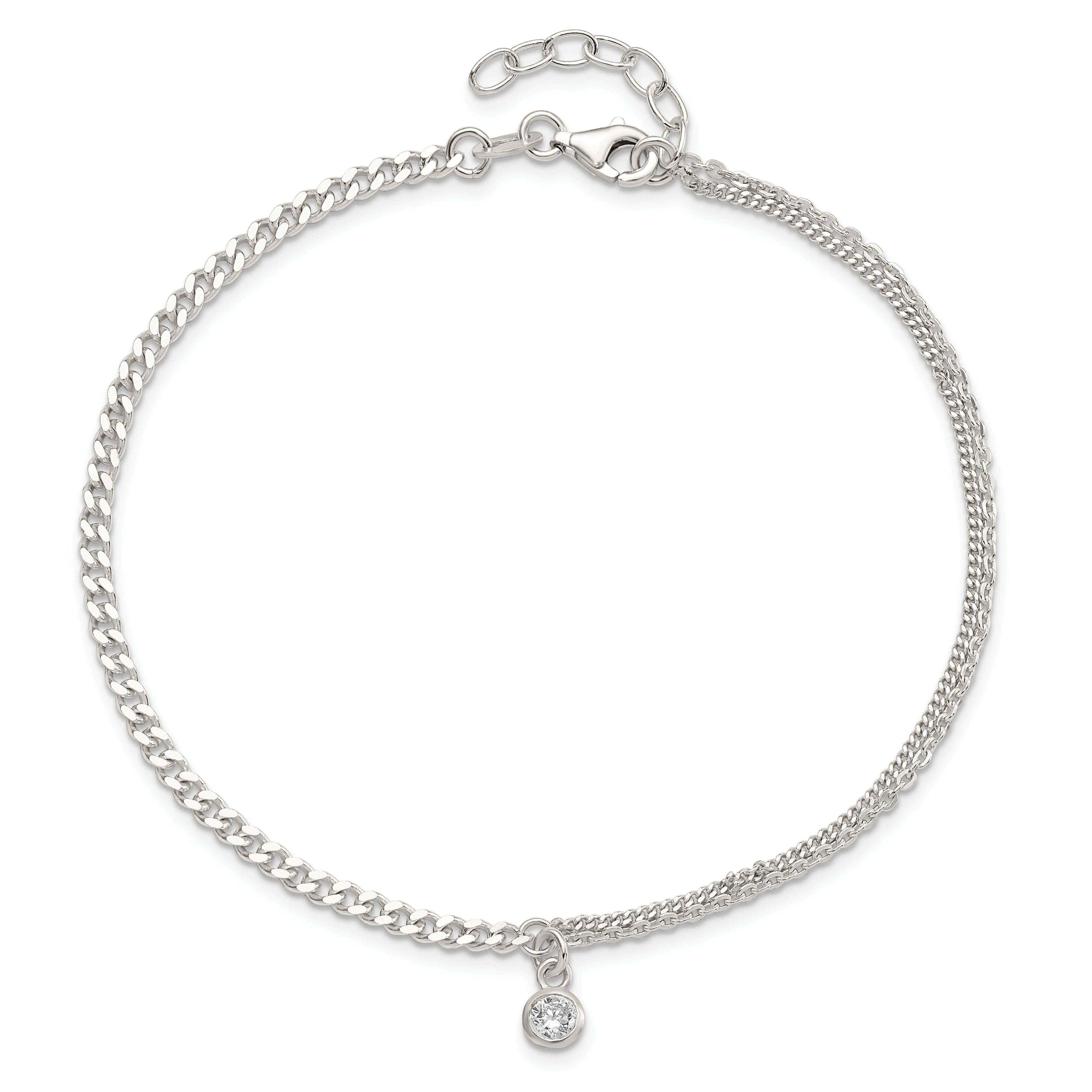 Sterling Silver CZ Fancy Chain 9in Plus 1in Ext. Anklet