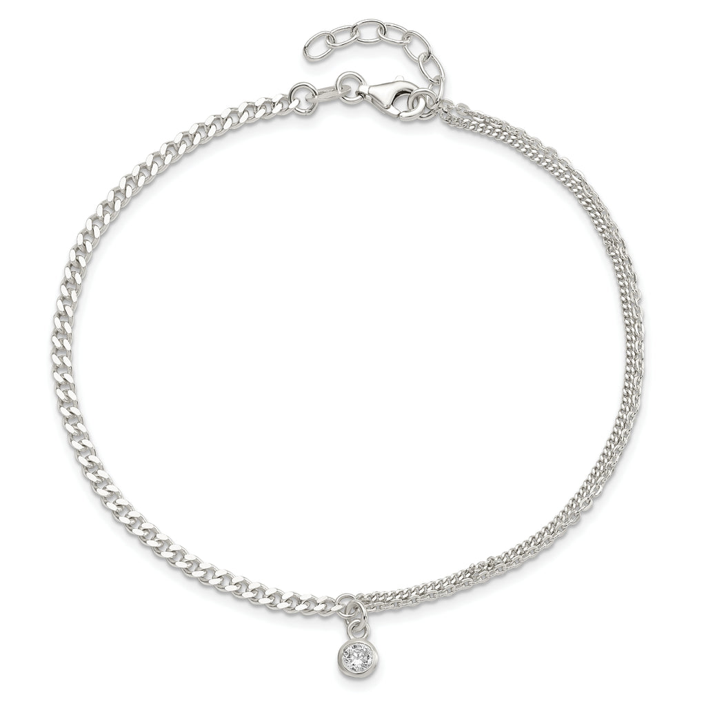 Sterling Silver CZ Fancy Chain 9in Plus 1in Ext. Anklet