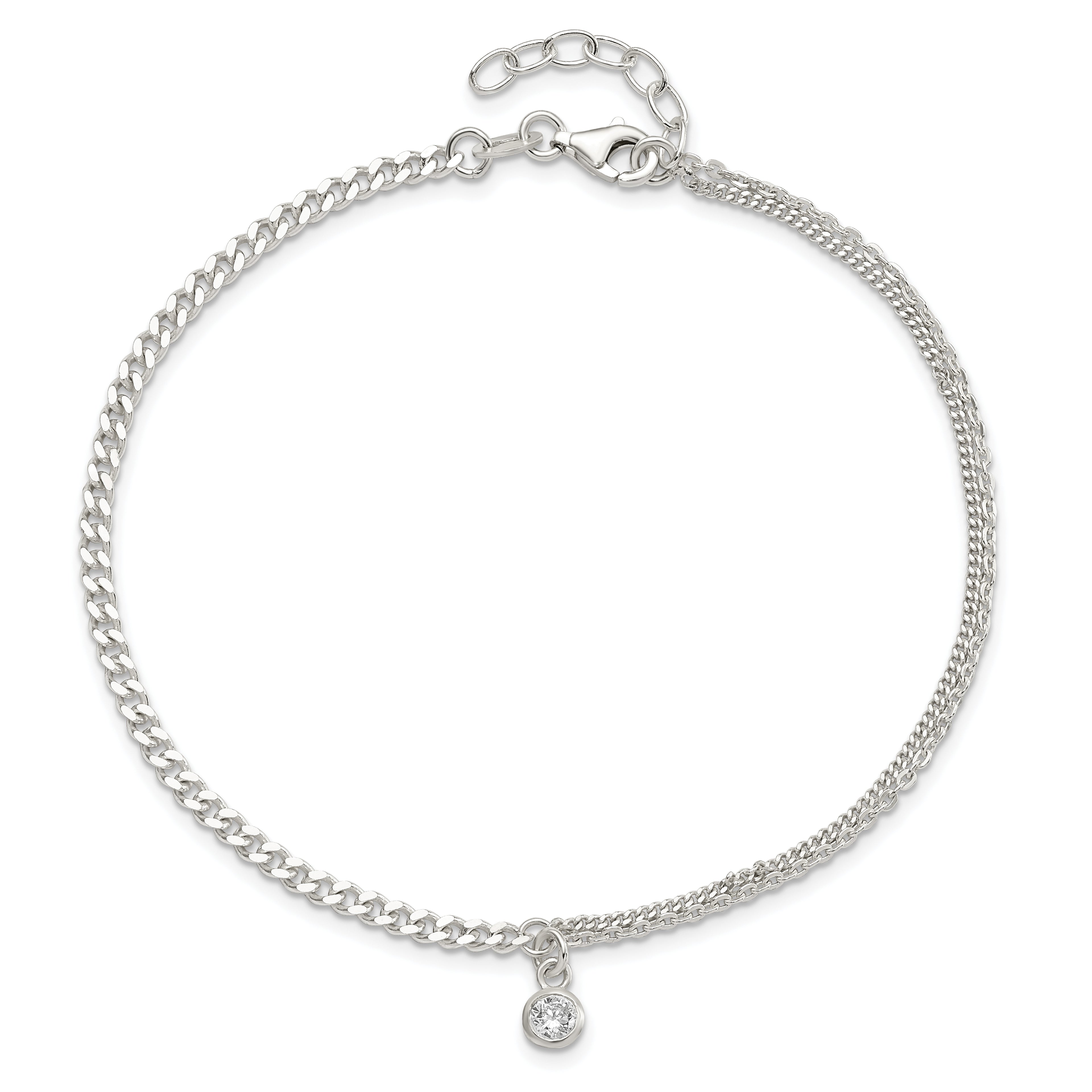 Sterling Silver CZ Fancy Chain 9in Plus 1in Ext. Anklet