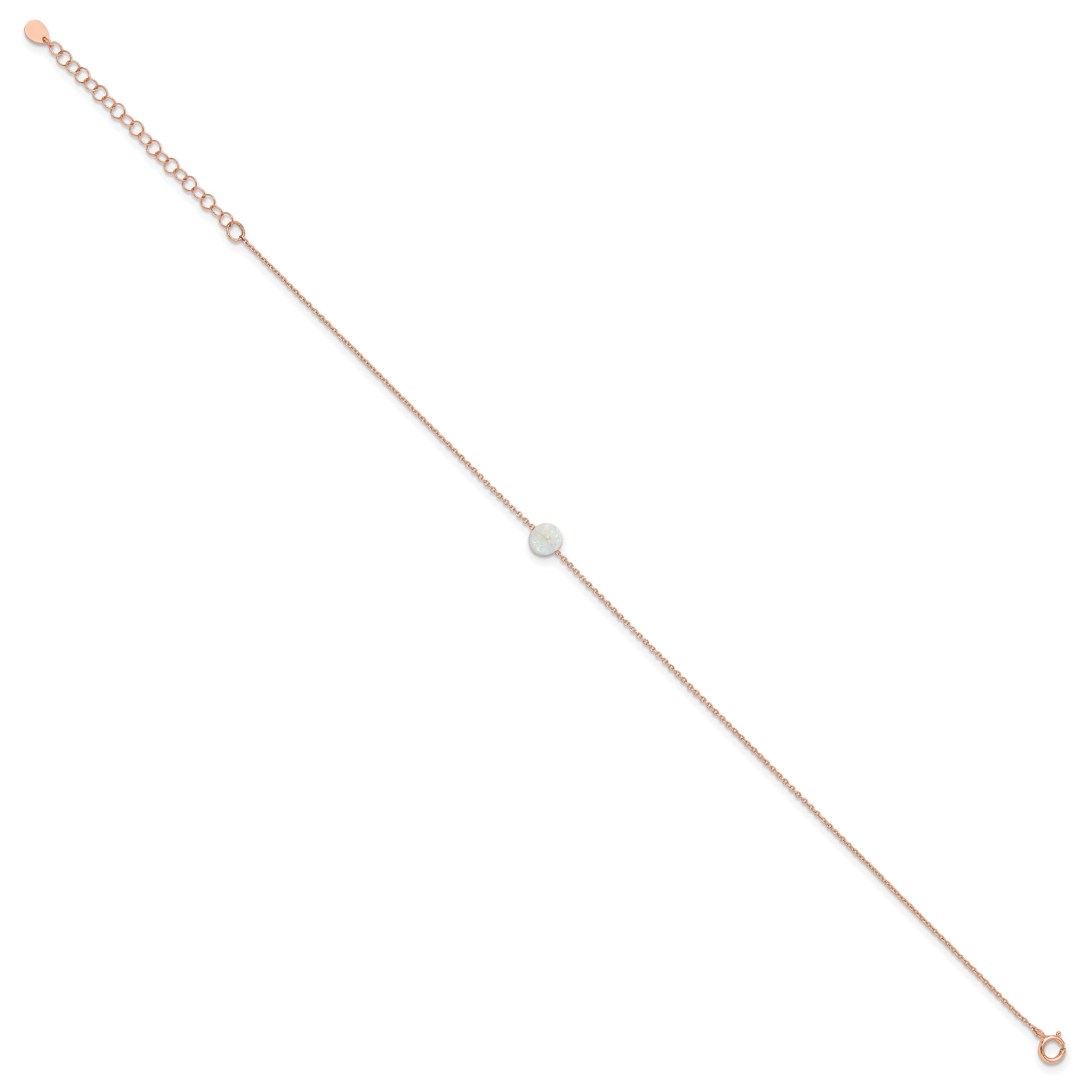Sterling Silver Rose-tone White Created Opal 9in Plus 2 in ext. Anklet