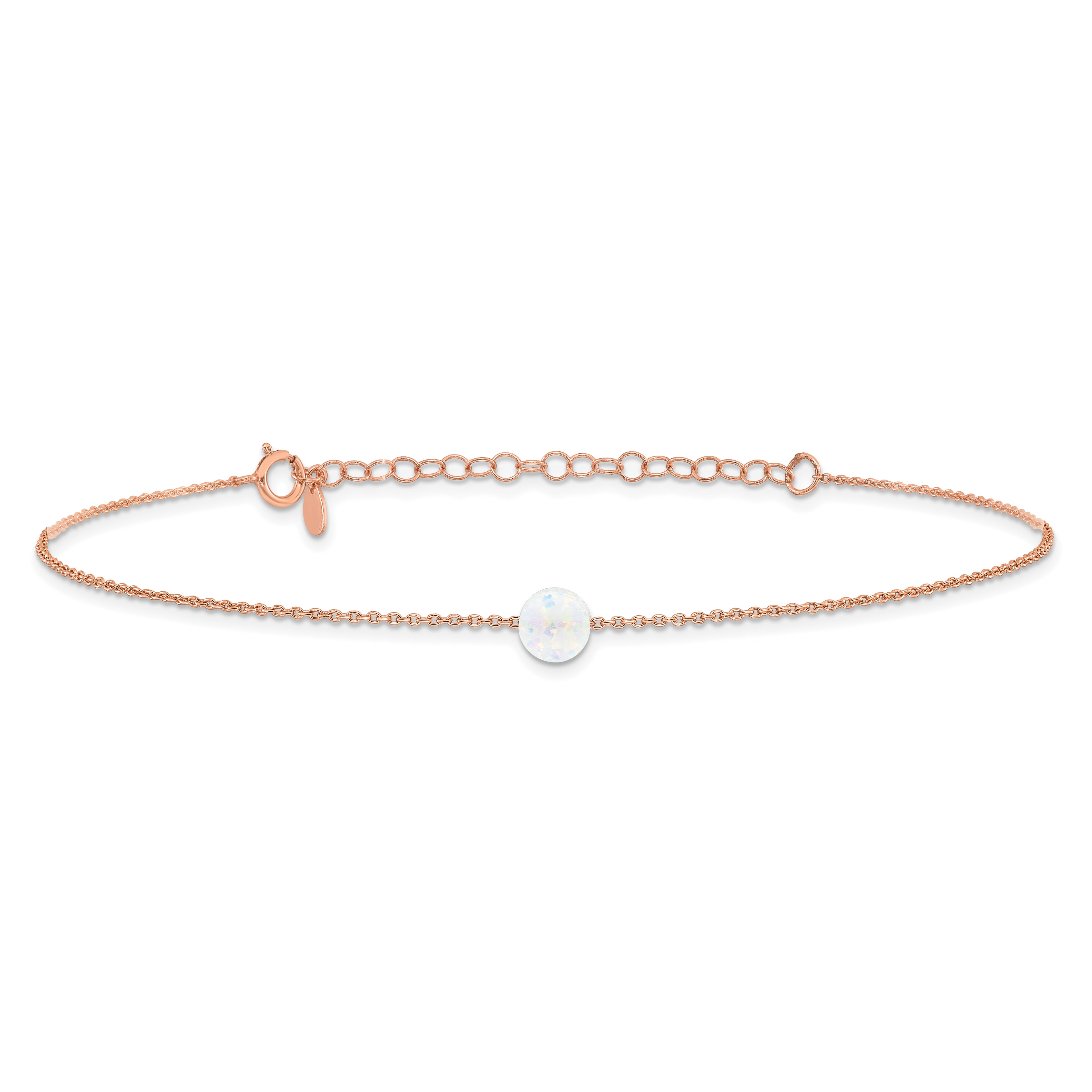 Sterling Silver Rose-tone White Created Opal 9in Plus 2 in ext. Anklet
