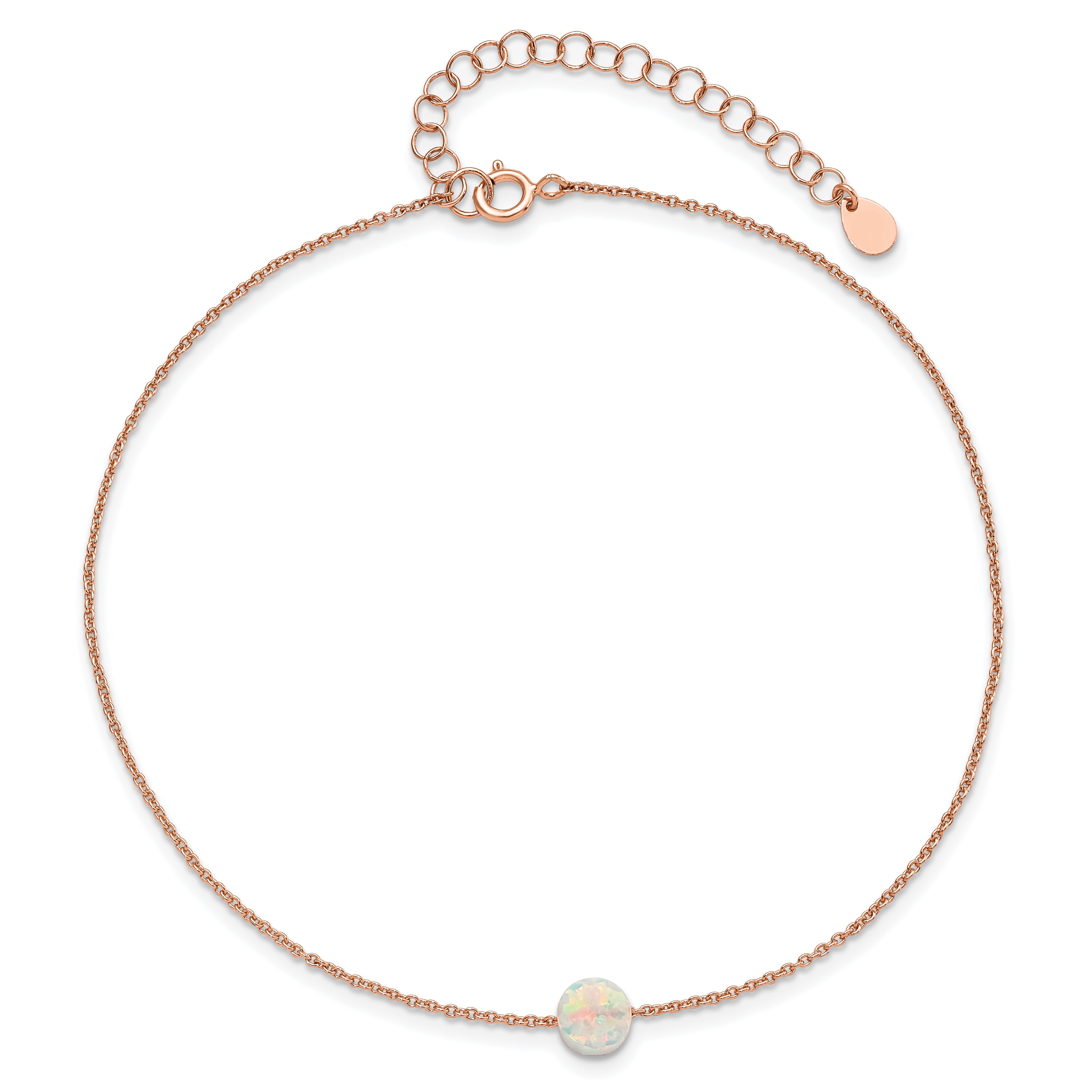 Sterling Silver Rose-tone White Created Opal 9in Plus 2 in ext. Anklet