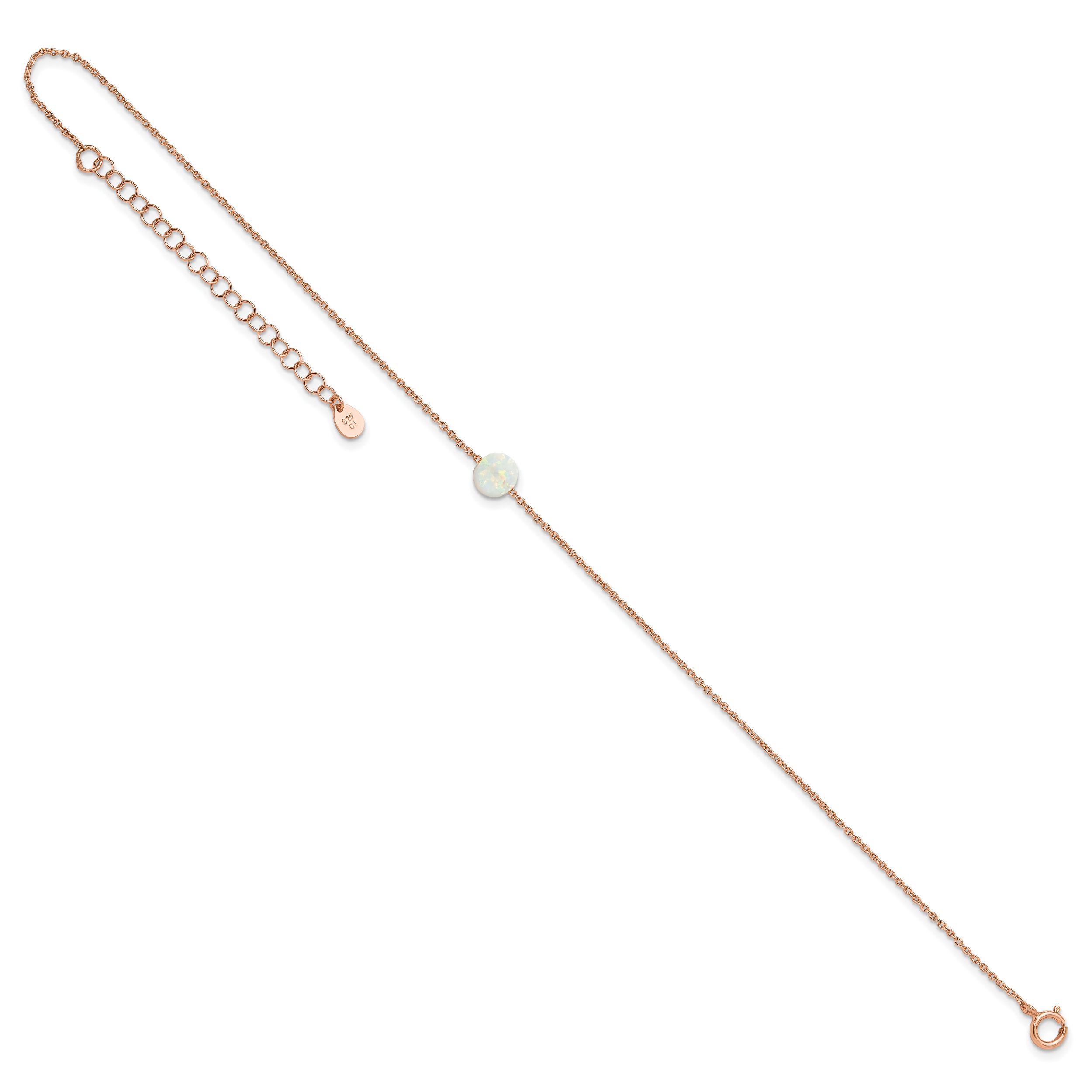 Sterling Silver Rose-tone White Created Opal 9in Plus 2 in ext. Anklet