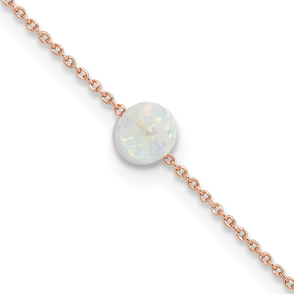 Sterling Silver Rose-tone White Created Opal 9in Plus 2 in ext. Anklet