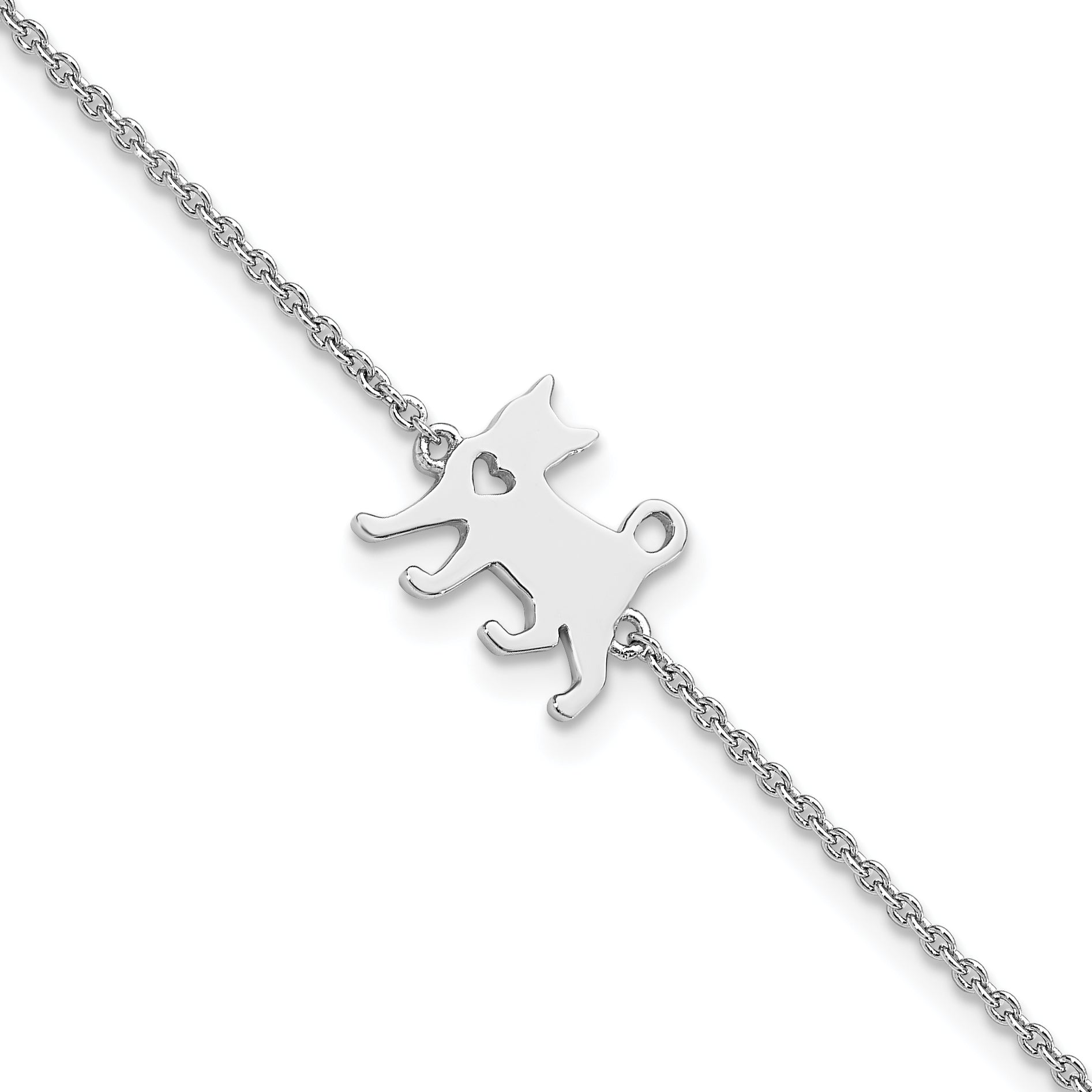Sterling Silver Rhodium-Rhodium-Plated Cat w/Heart 7in Plus 1in ext Bracelet Main image