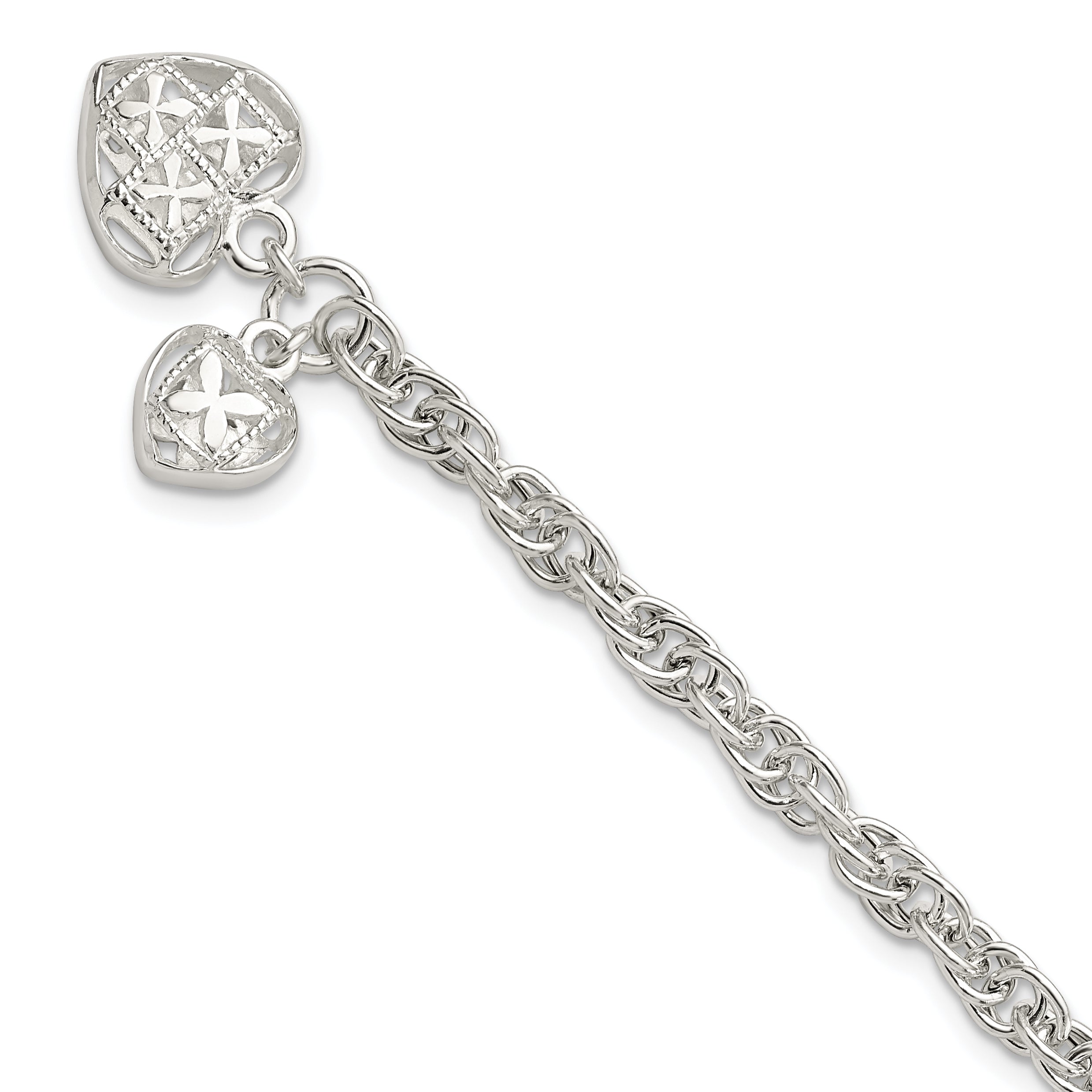 Sterling Silver Polished Dbl Heart Dangle Bracelet Main image
