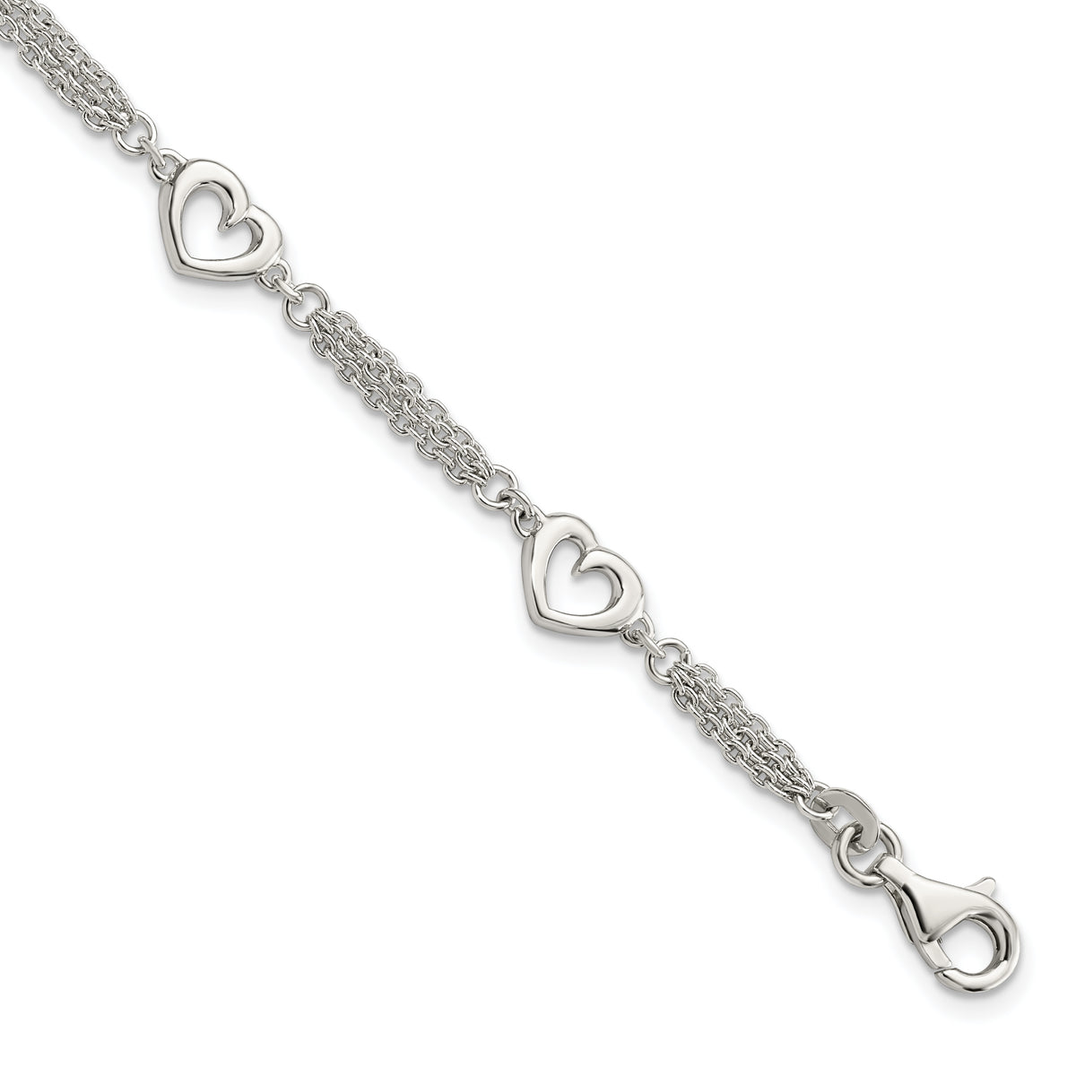 Sterling Silver Polished Hearts 7.5in w/1.0 in ext Bracelet