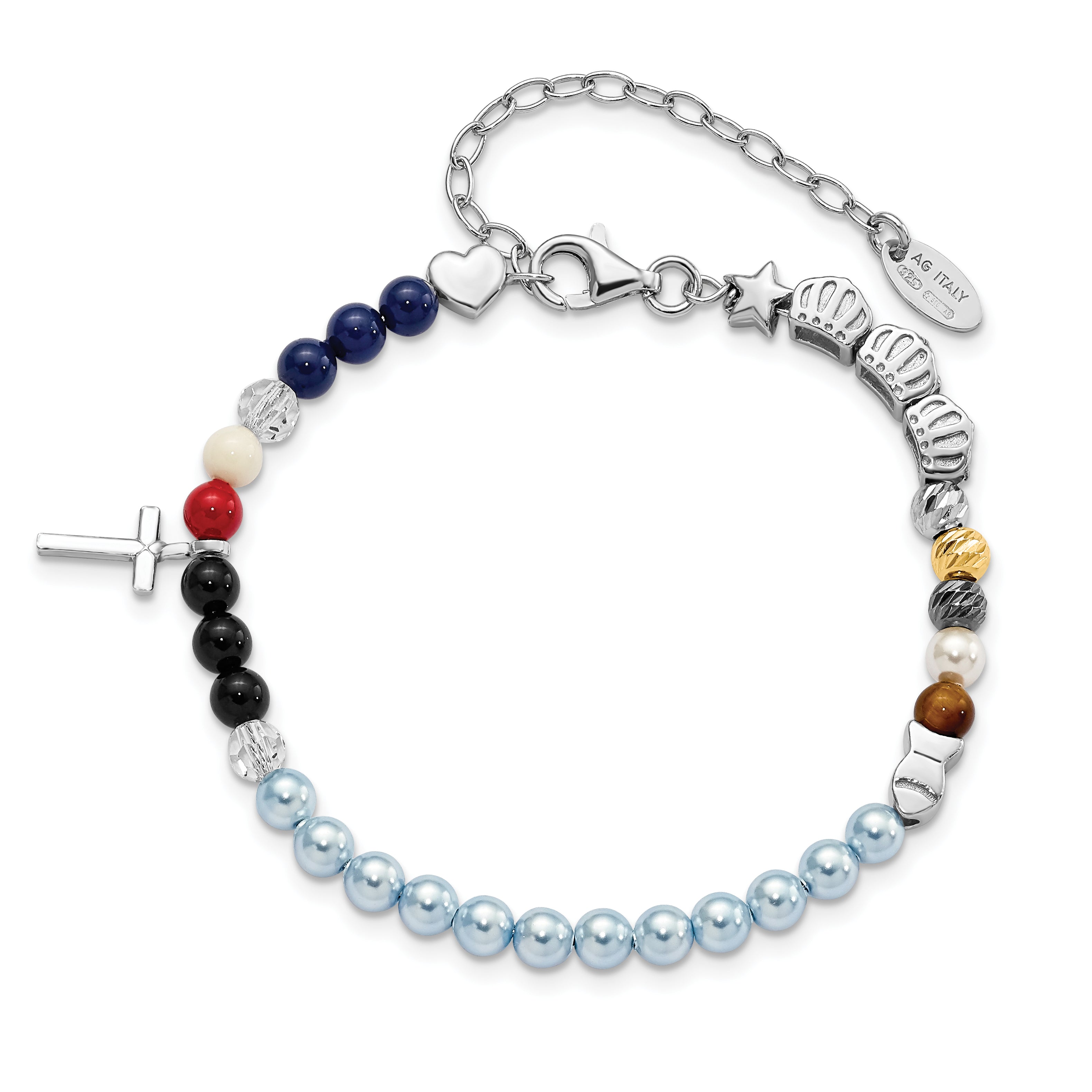 AMEN Sterling Silver Jesus' Story Multi Glass Pearl Onyx Agate Crystals Cross 6 Inch Fancy Lobster Clasp Bracelet with 2 inch Extender