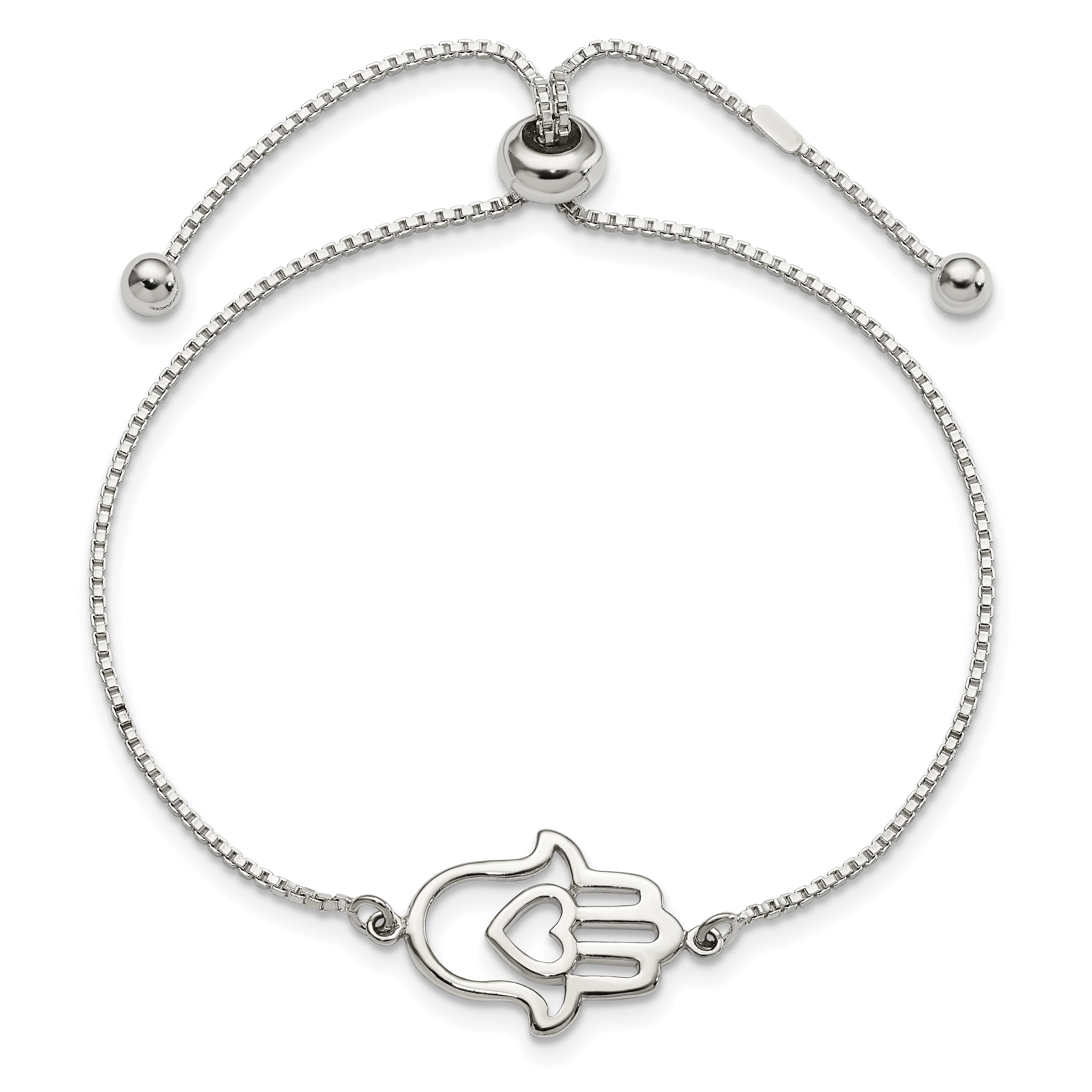 Sterling Silver Polished Heart Hamsa Adjustable Bracelet