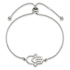 Sterling Silver Polished Heart Hamsa Adjustable Bracelet