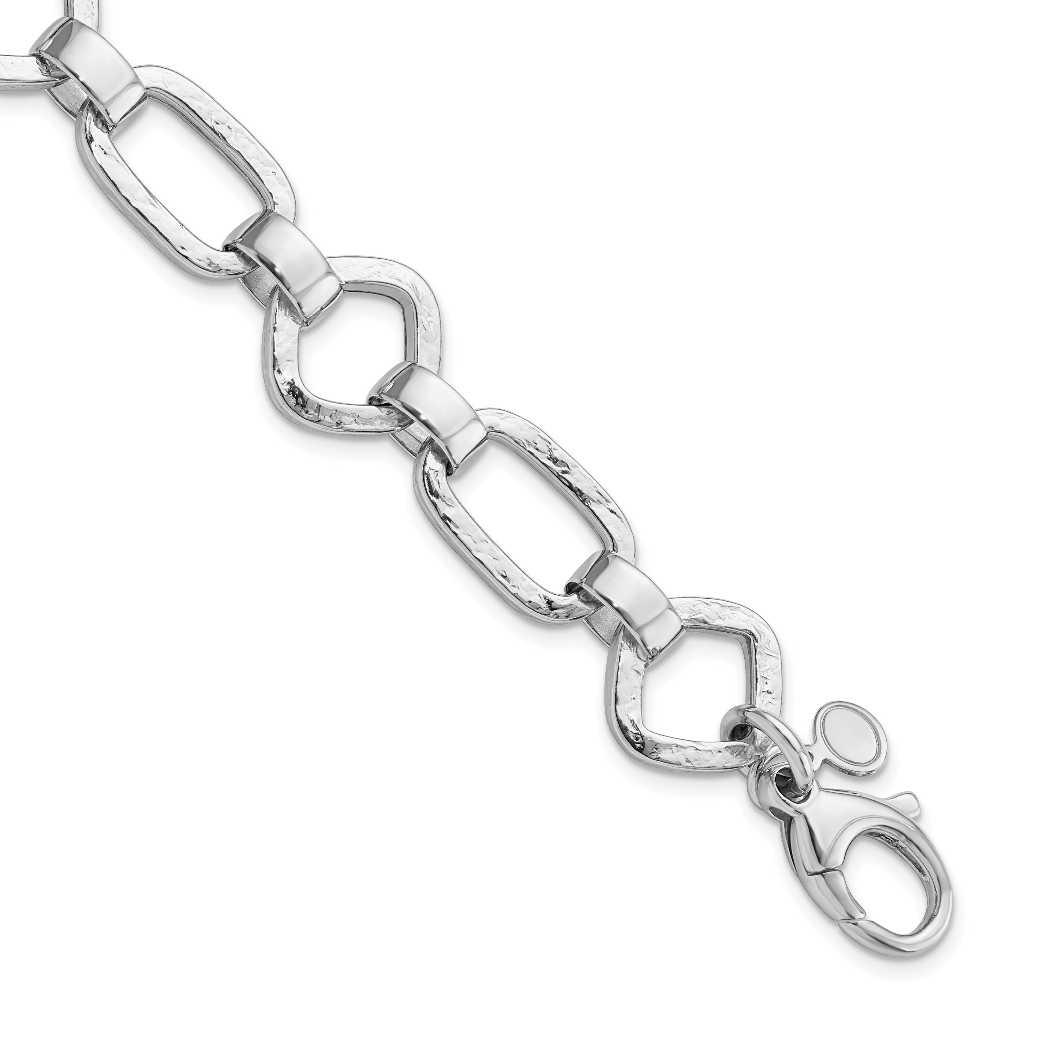 Sterling Silver Rhodium-Rhodium-Plated Hammered Geometric w/.5in Ext Bracelet