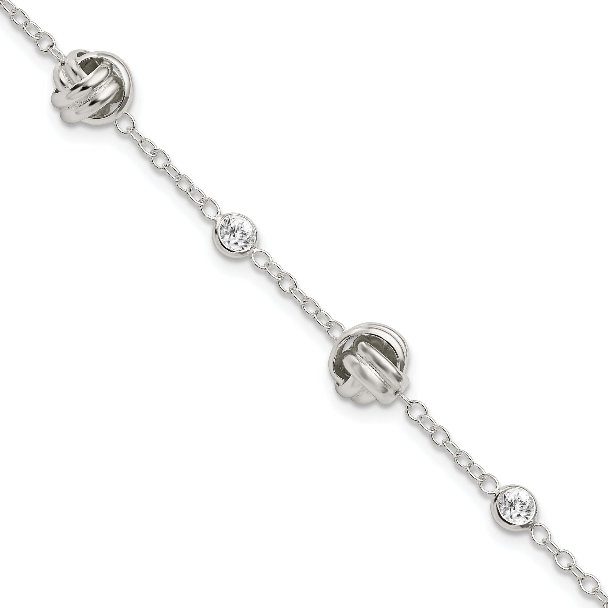 Sterling Silver Rhodium-Platedod-plated Polished Knotted CZ w/1.25 in ext Bracelet