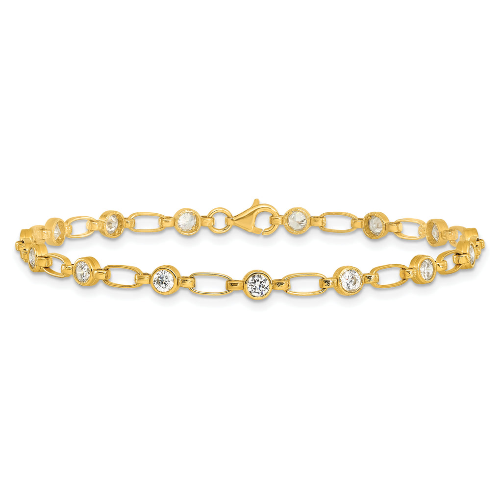 Sterling Silver Gold-plated Polished Bezel CZ and Oval Link 7.5 inch Bracelet