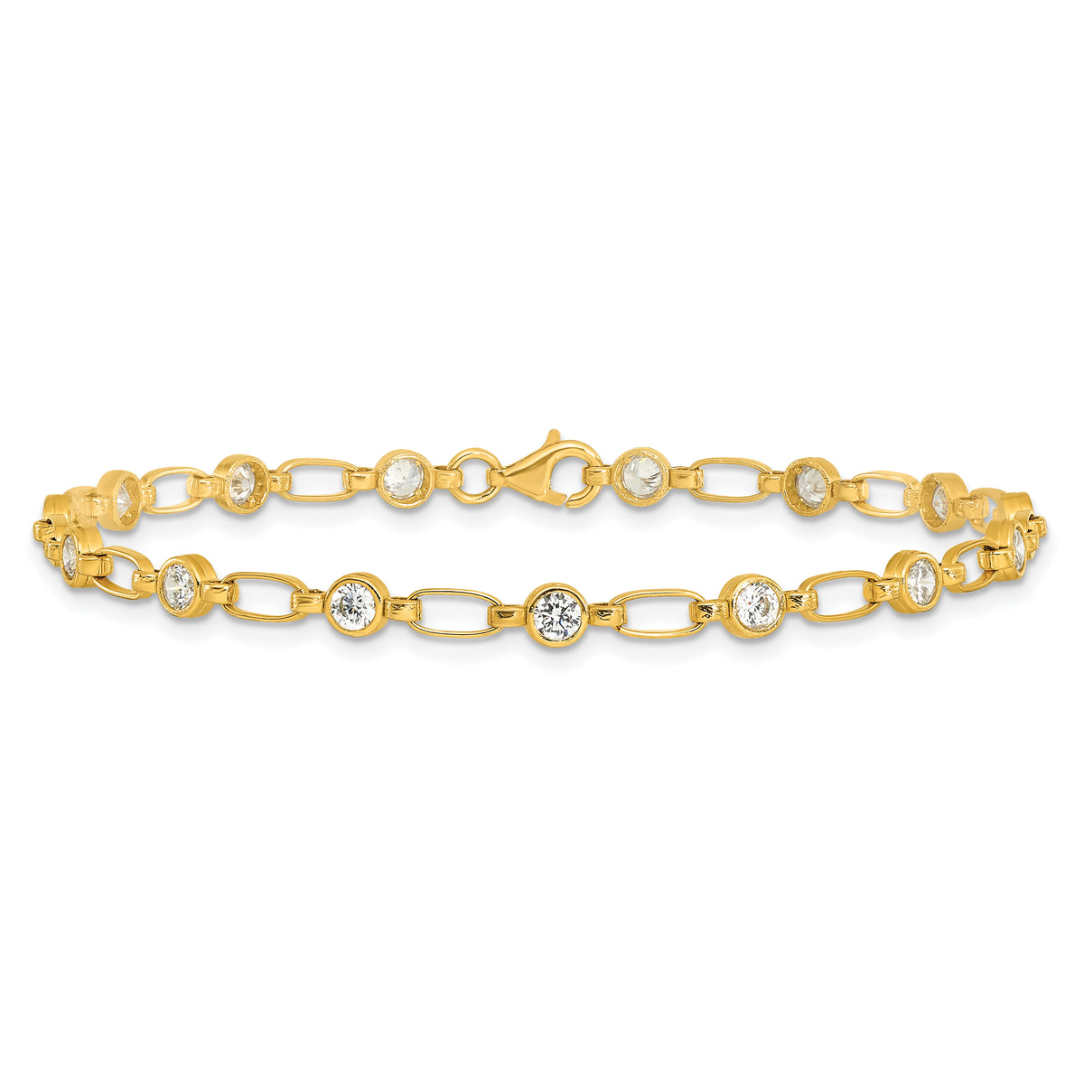 Sterling Silver Gold-plated Polished Bezel CZ and Oval Link 7.5 inch Bracelet